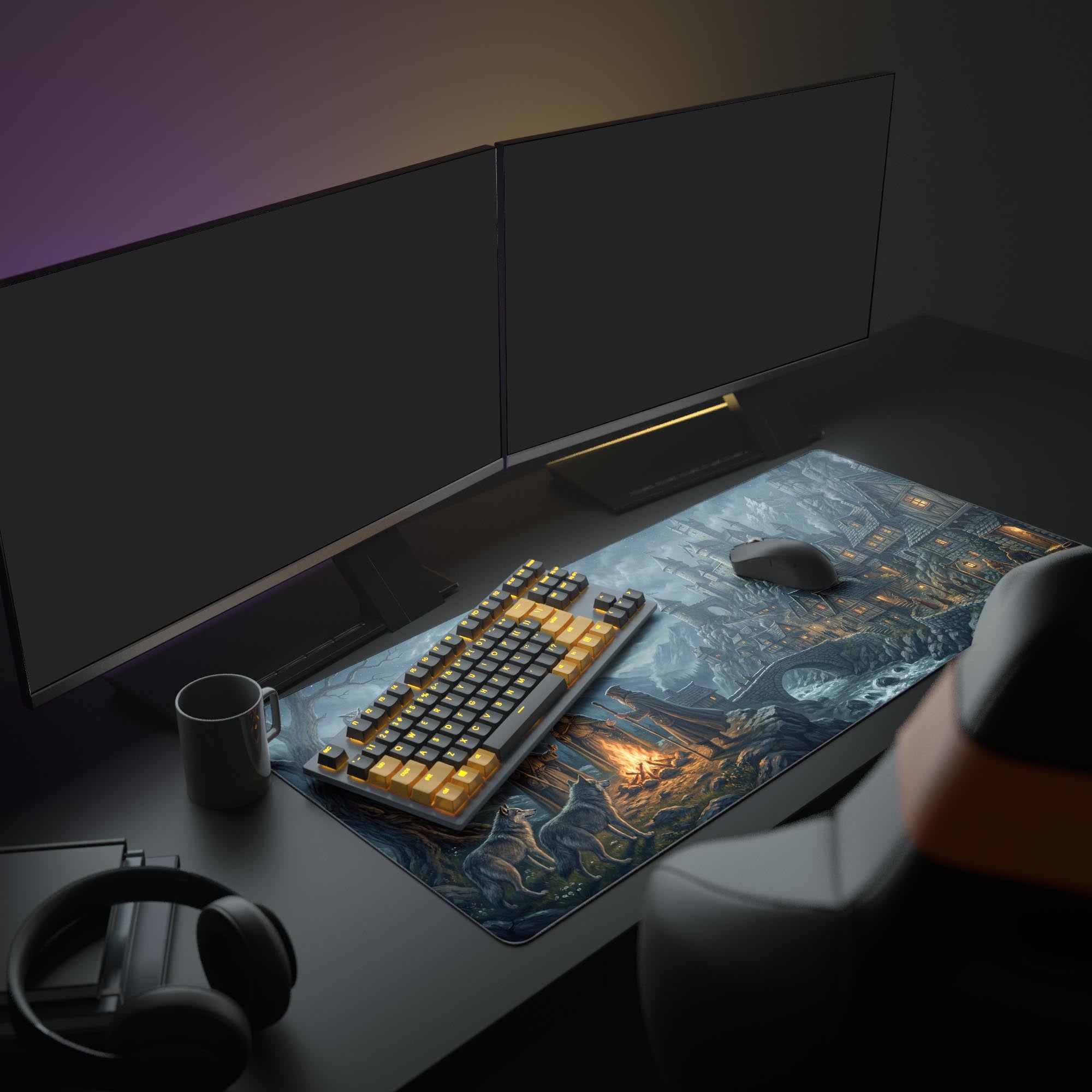 The Midnight Council gaming desk mat shown in a full PC setup, creating a dark fantasy aesthetic with an illuminated monitor and keyboard. This large mouse pad covers the desk. - Epic Design Pads & Mousepads