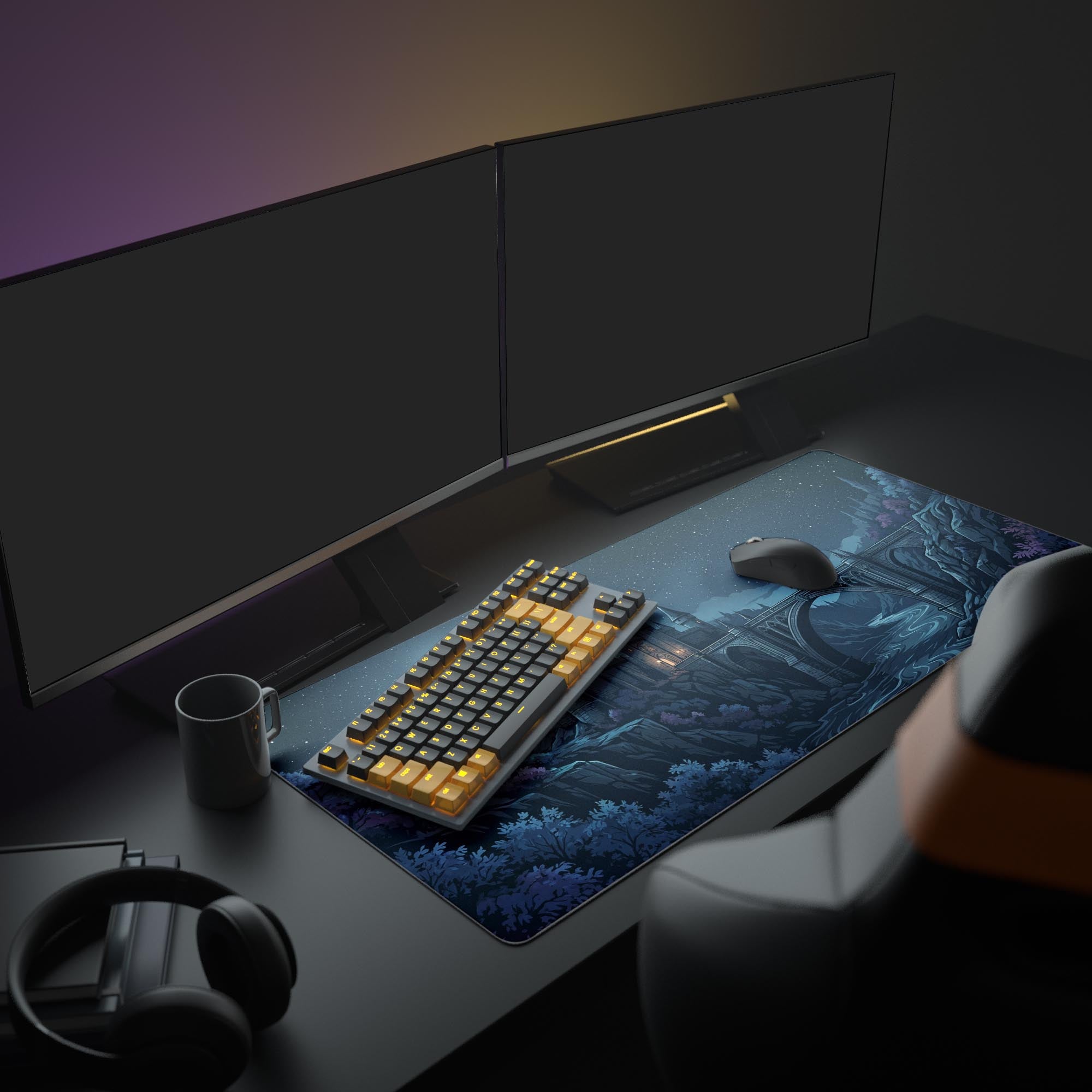 An immersive PC setup featuring the Midnight Crossing gaming desk mat with its gothic castle design, illuminated keyboard, and multiple monitors. - Epic Design Pads & Mousepads