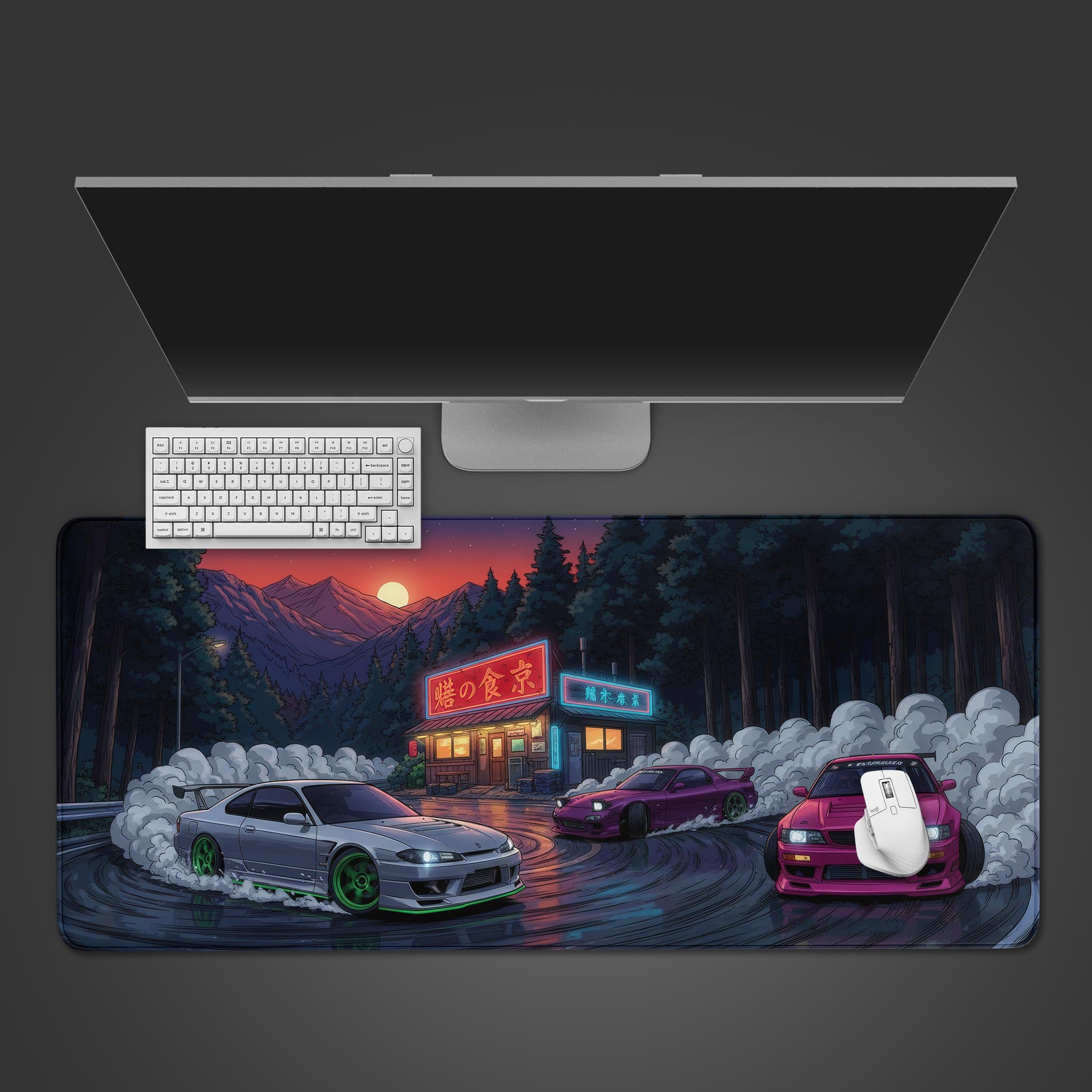 Midnight Drift JDM desk mat with three drifting cars on a mountain pass – top-down desktop view with a gaming keyboard and mouse. - Epic Design Pads