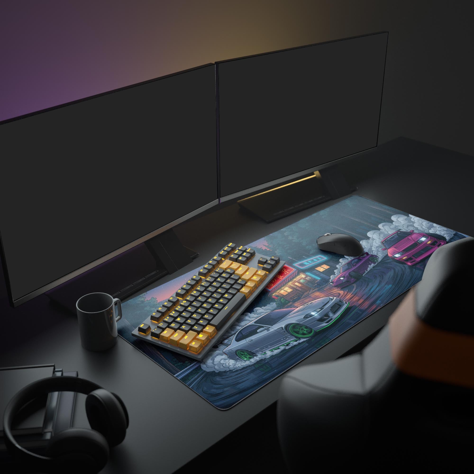 Large Midnight Drift JDM desk mat in a complete gaming setup with dual monitors, showcasing the Japanese street racing theme. - Epic Design Pads