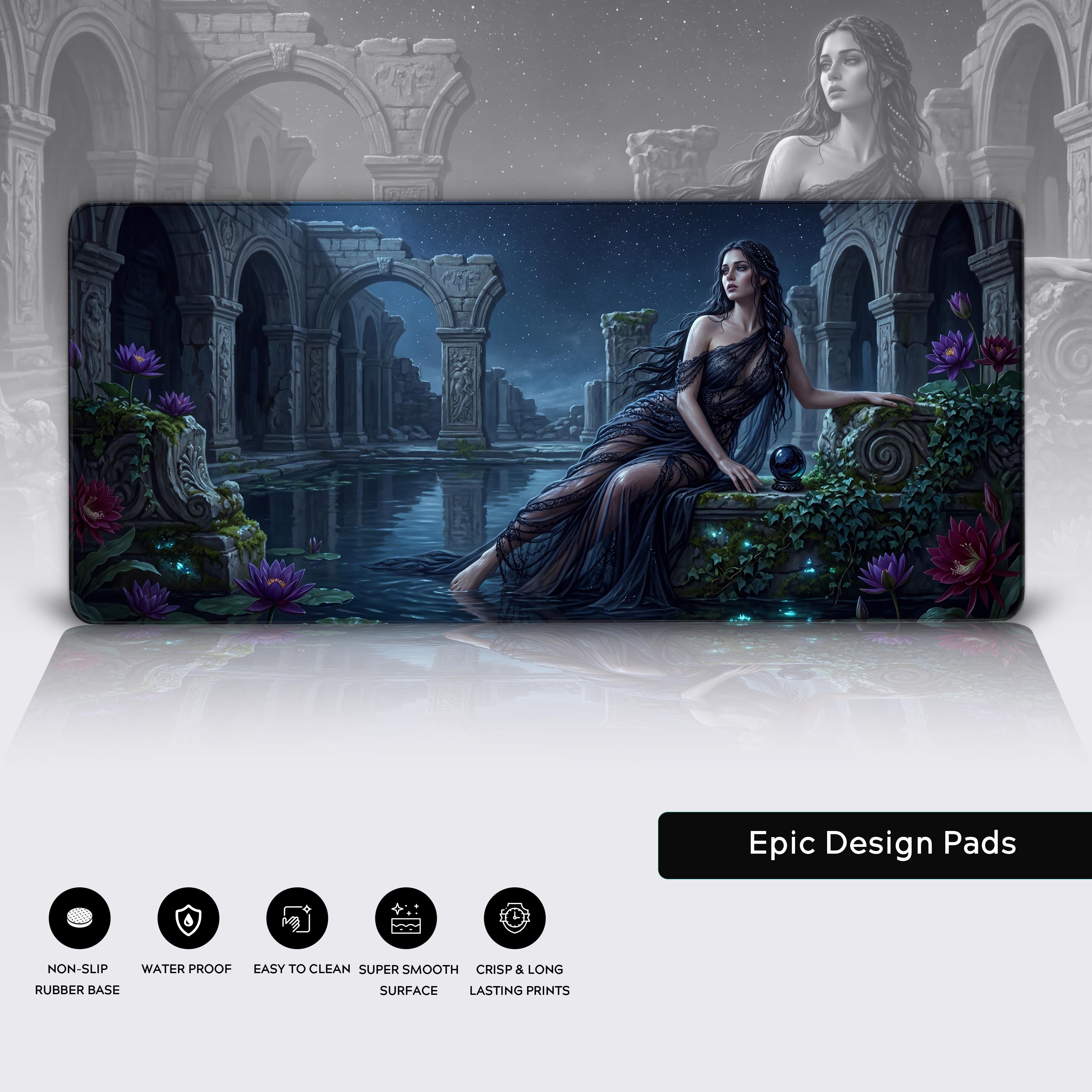 Full view of the gothic fantasy gaming mouse pad showcasing deep midnight blues and ancient architecture