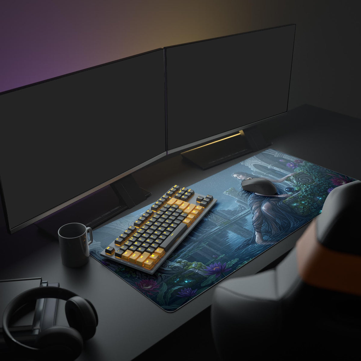 Midnight Enchantress desk mat in a dark gaming setup with a mechanical keyboard, a mouse and headphones