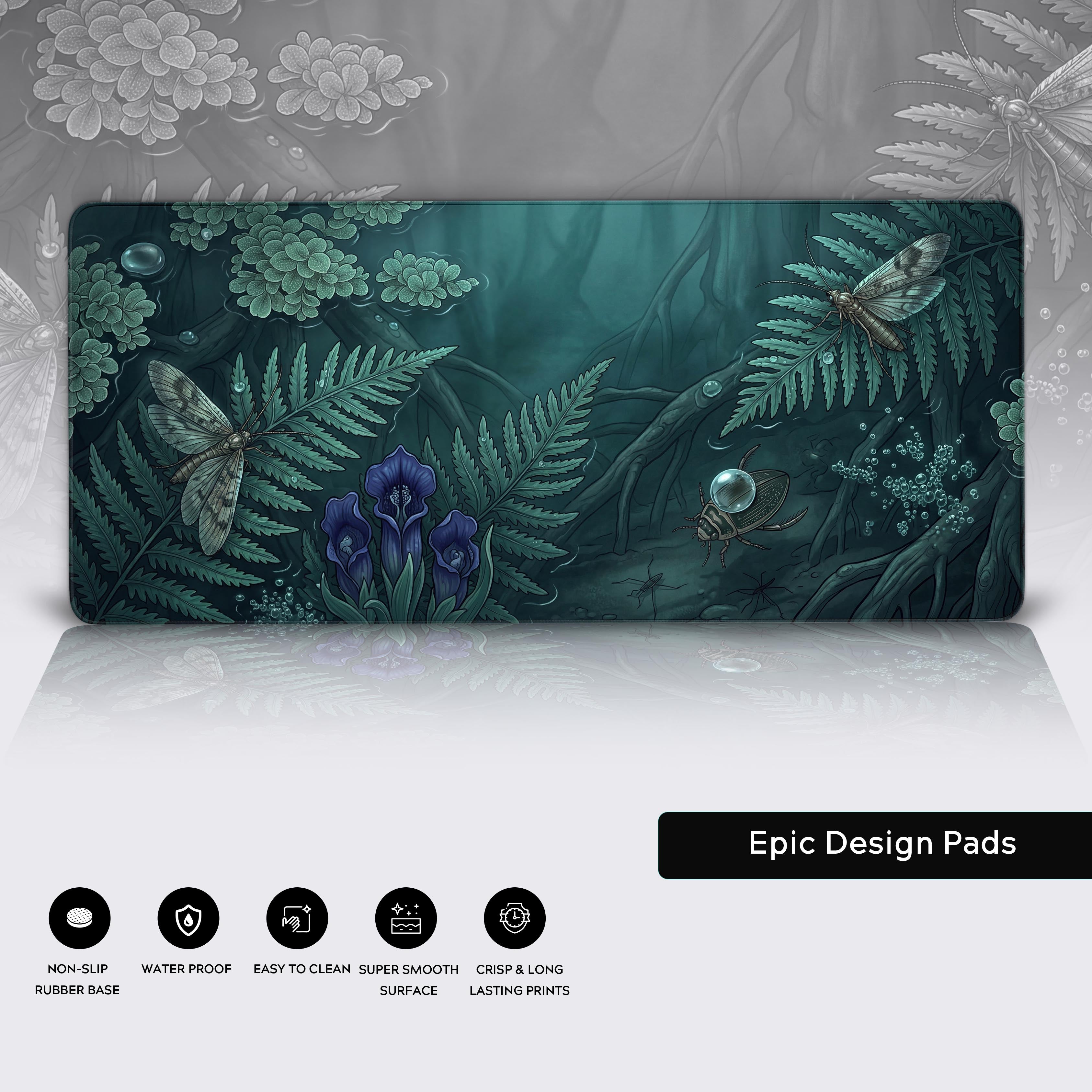 Epic Design Pads graphic showcasing the Midnight Ferns desk pad's waterproof, easy-to-clean, and super smooth surface features.