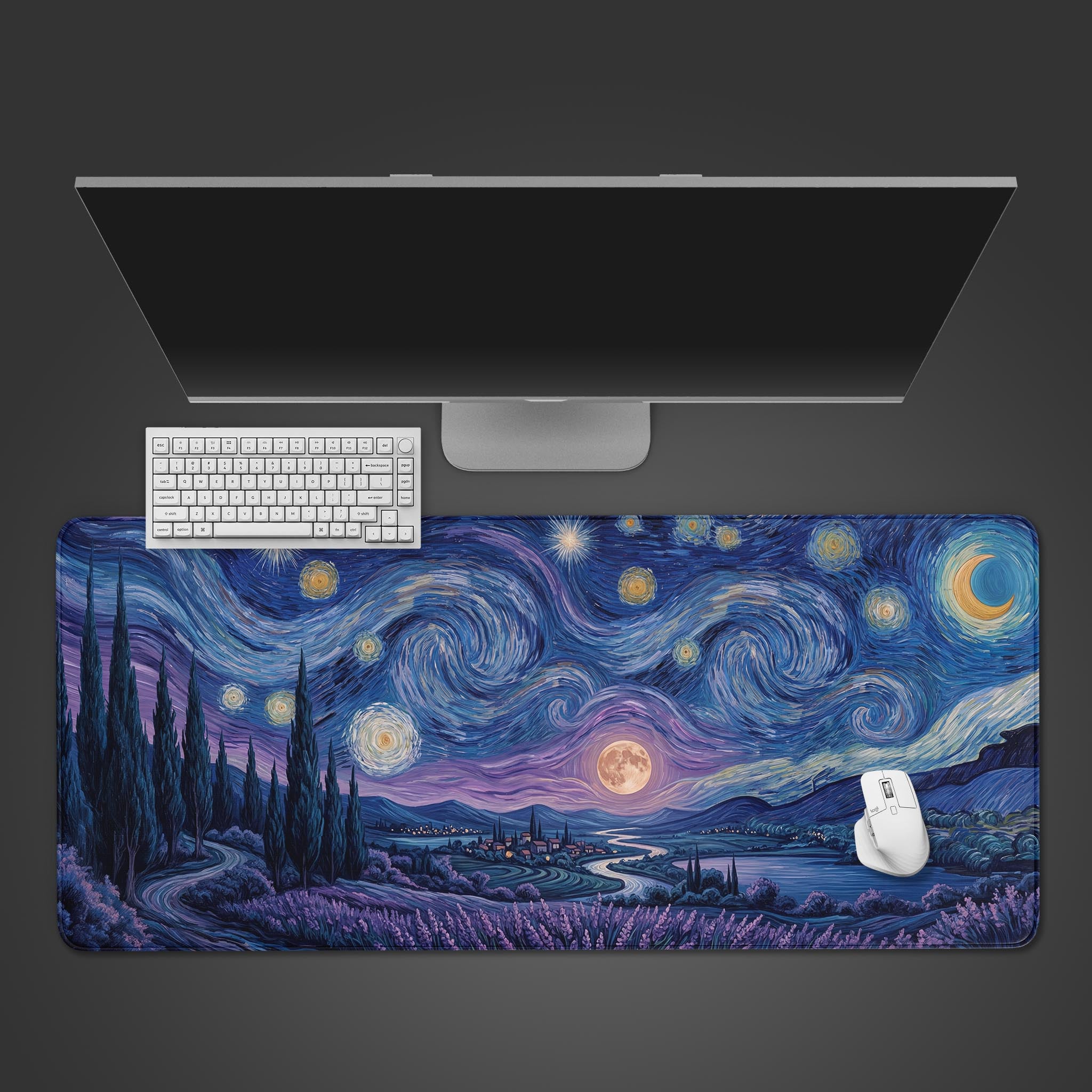 Top-down view of the Midnight Lavender gaming desk mat, featuring a starry night landscape. A white keyboard and mouse are placed on the mat below a monitor. - Epic Design Pads & Mousepads