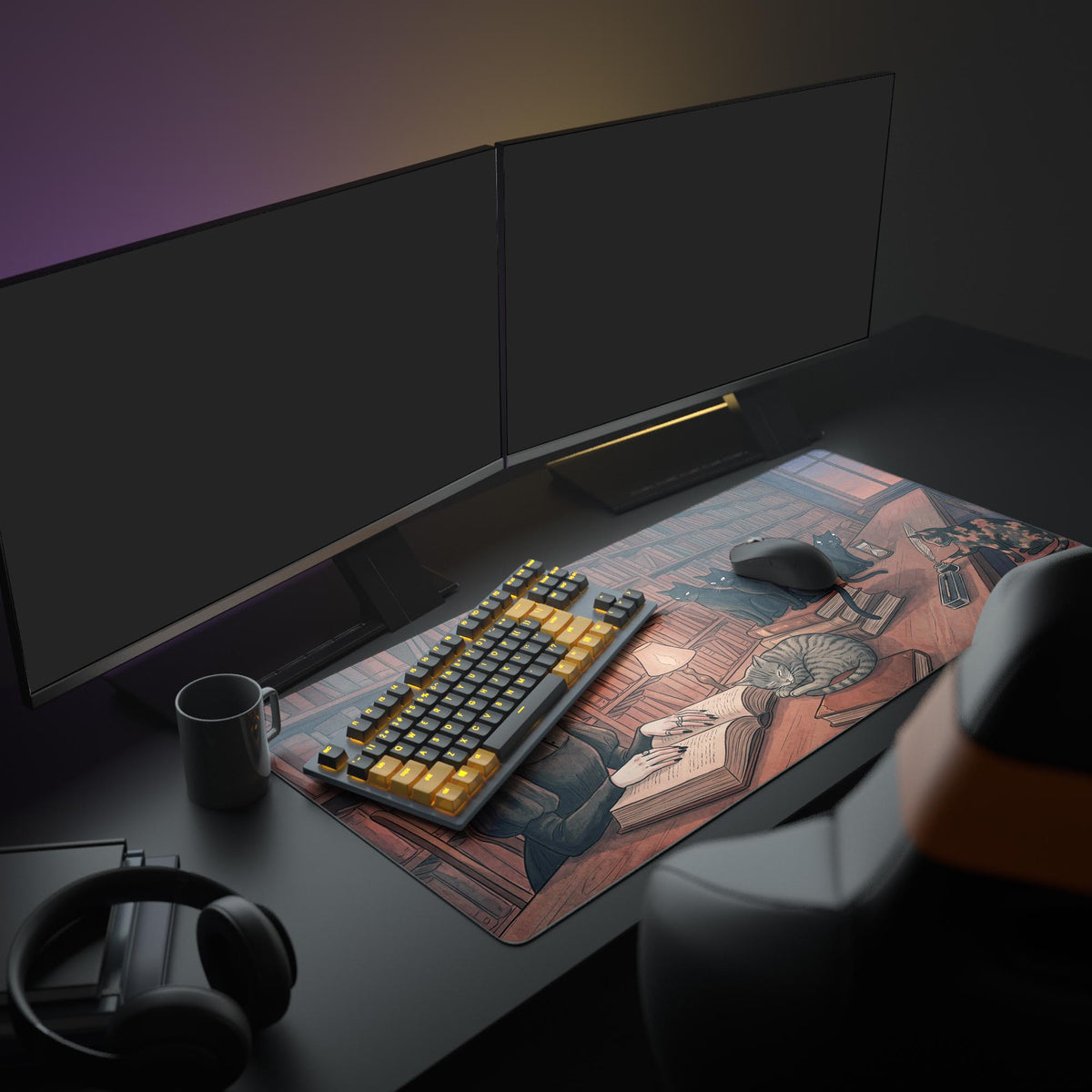 A cozy PC setup featuring the Midnight Library gaming desk mat, which depicts a woman reading in a library surrounded by cats. - Epic Design Pads & Mousepads