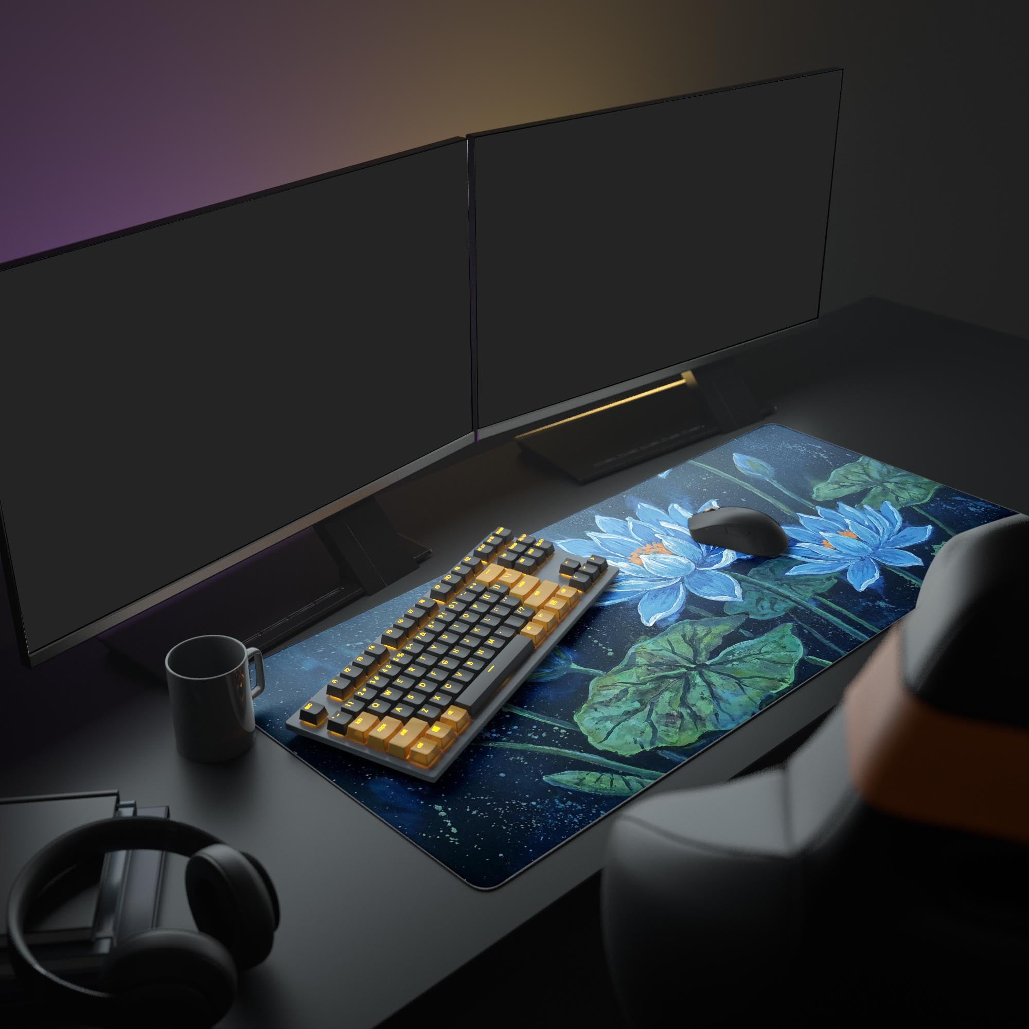 Large gaming mouse pad featuring the Midnight Lotus design, anchoring an aesthetic desk setup with dual monitors, headphones, and a mechanical keyboard. - Epic Design Pads & Mousepads