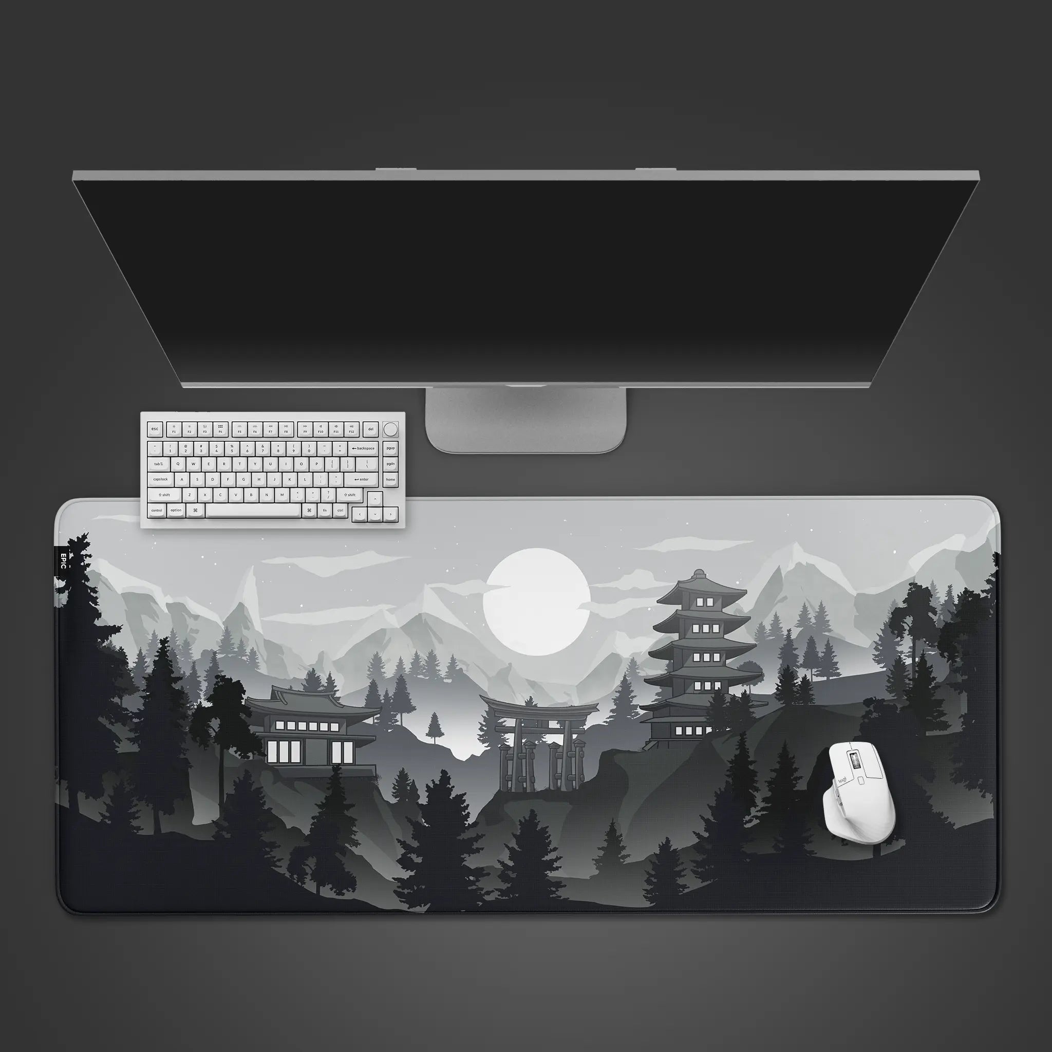 black and white design gaming desk mat, midnight pagoda desk pad, midnight pagoda large gaming pad, best premium design large gaming mouse pad, pagoda mouse pad