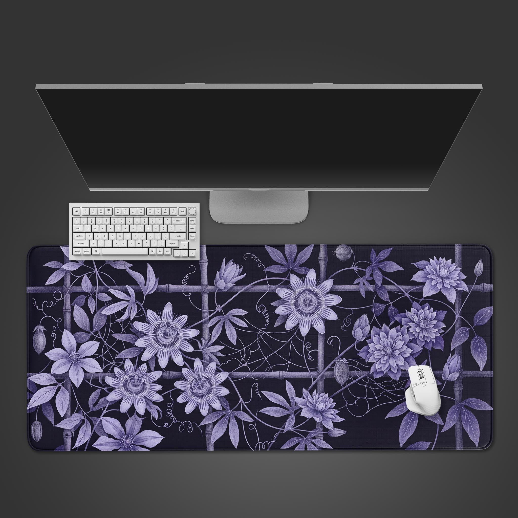 Midnight Passionflower vintage botanical desk mat featuring deep purple flowers on a bamboo trellis.