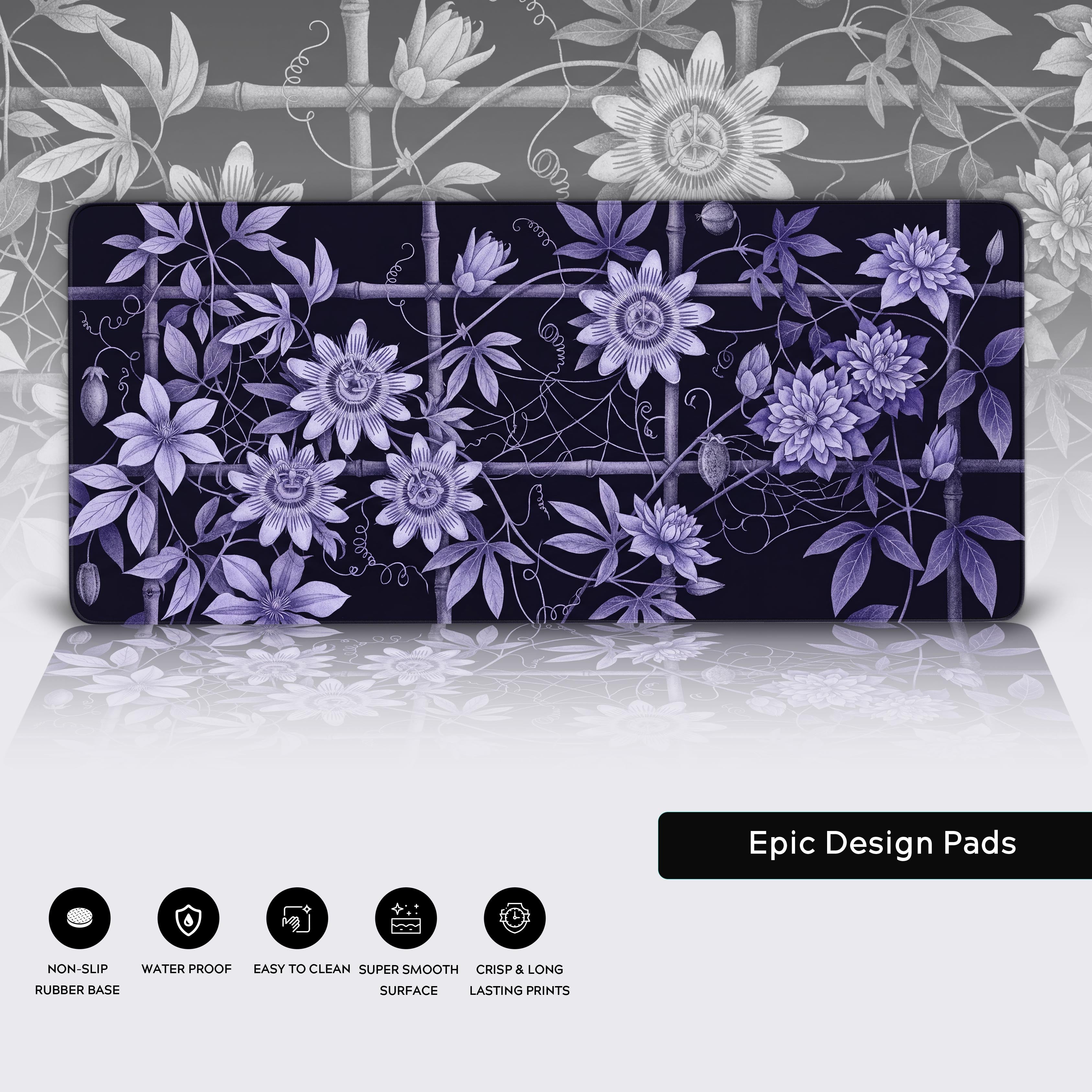 Full view of the waterproof botanical desk mat showcasing its smooth surface and anti-slip rubber base features.
