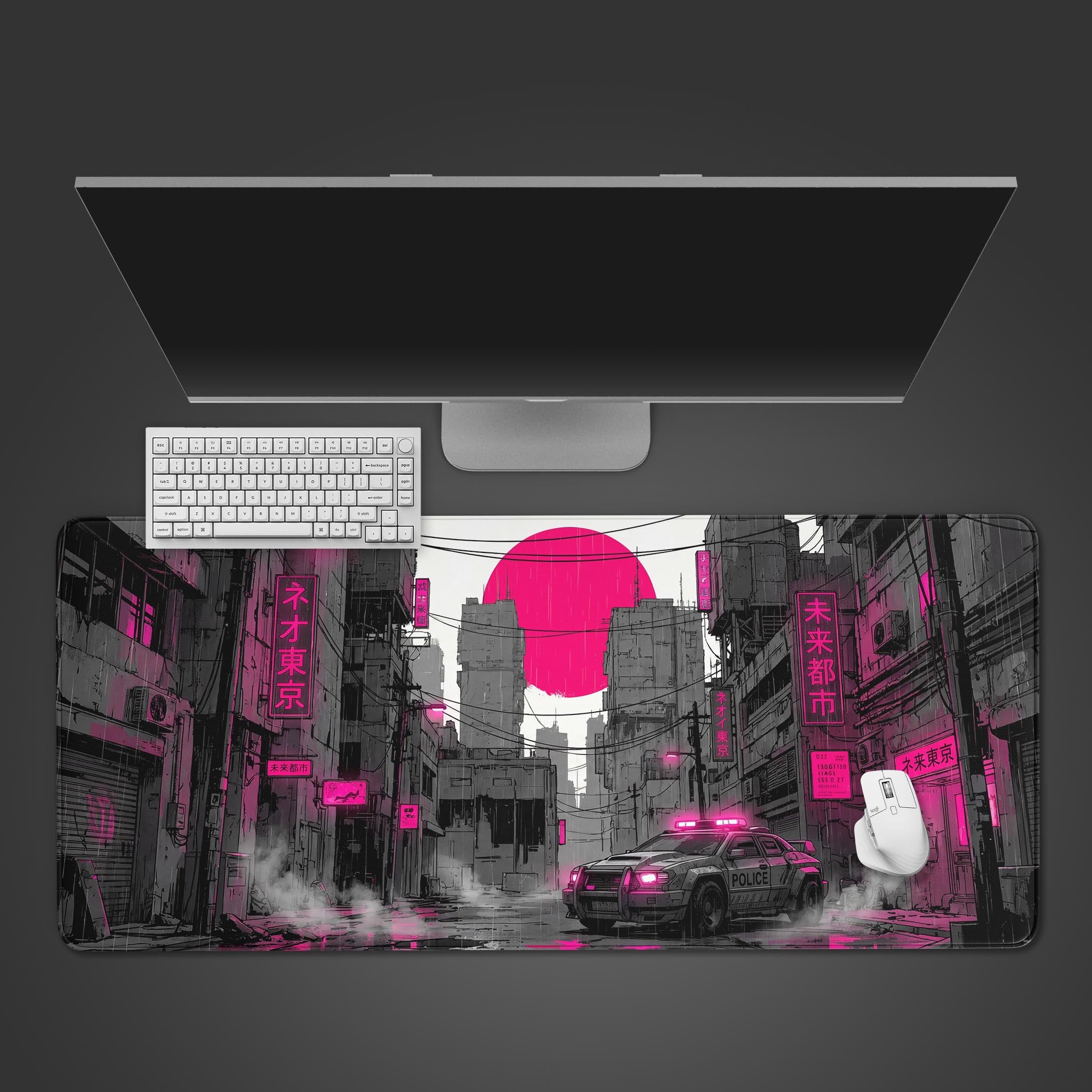 Top-down view of the Midnight Patrol gaming desk mat featuring a cyberpunk city scene, shown with a white keyboard and mouse on a dark surface. - Epic Design Pads & Mousepads