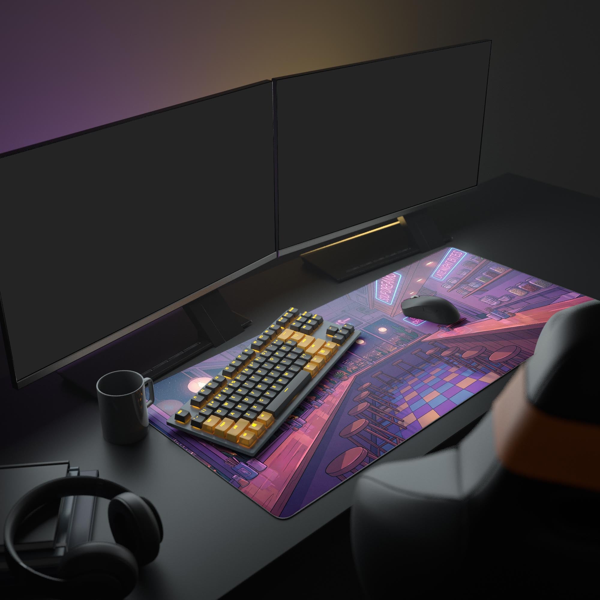 Large Midnight Ramen gaming mouse pad in a cozy desk setup. Shown with a mechanical keyboard, dual monitors, and ambient lighting, creating a perfect lo-fi vibe. - Epic Design Pads & Mousepads