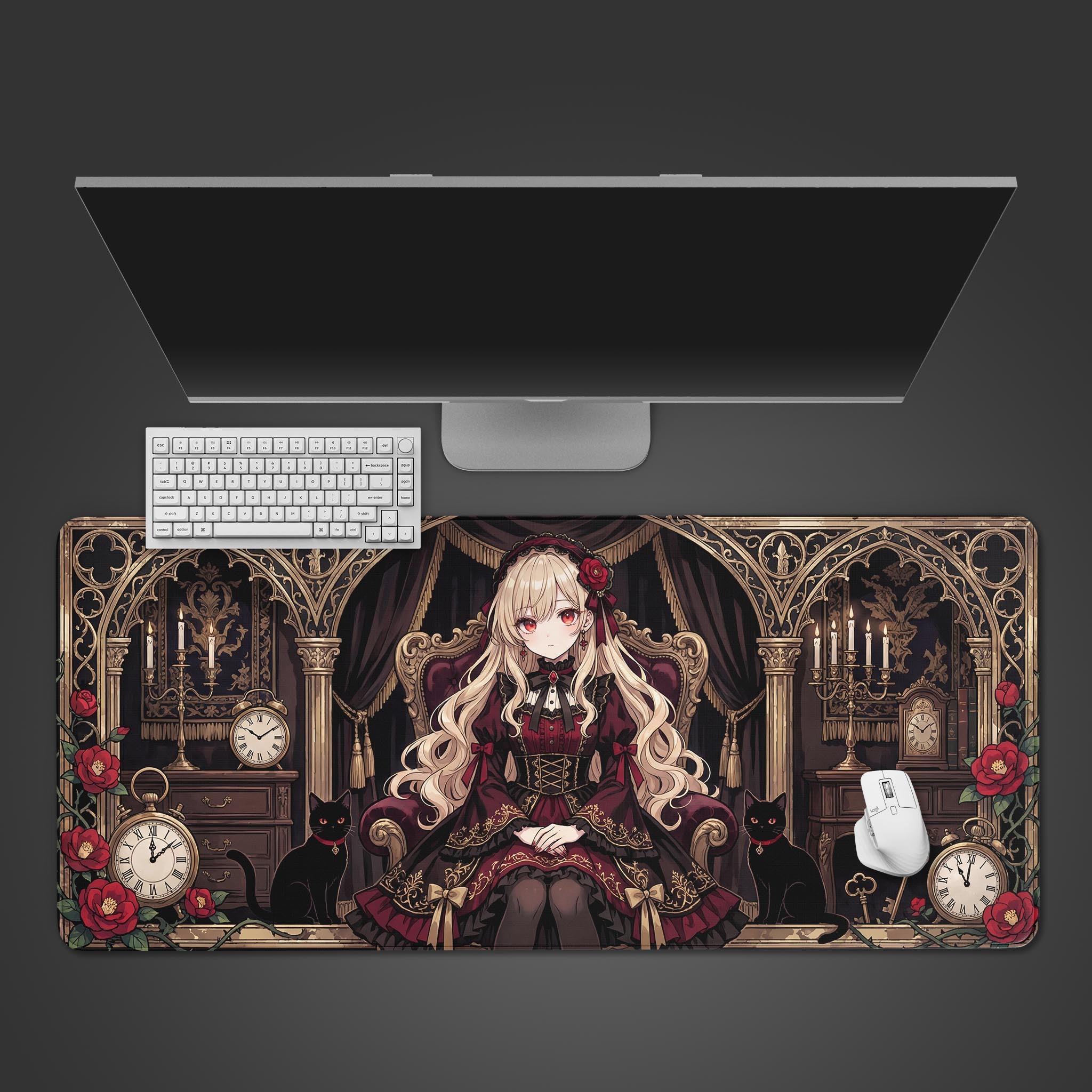 Top-down view of the Midnight Regency gaming desk mat, featuring a gothic anime princess, shown with a white keyboard and mouse. - Epic Design Pads & Mousepads
