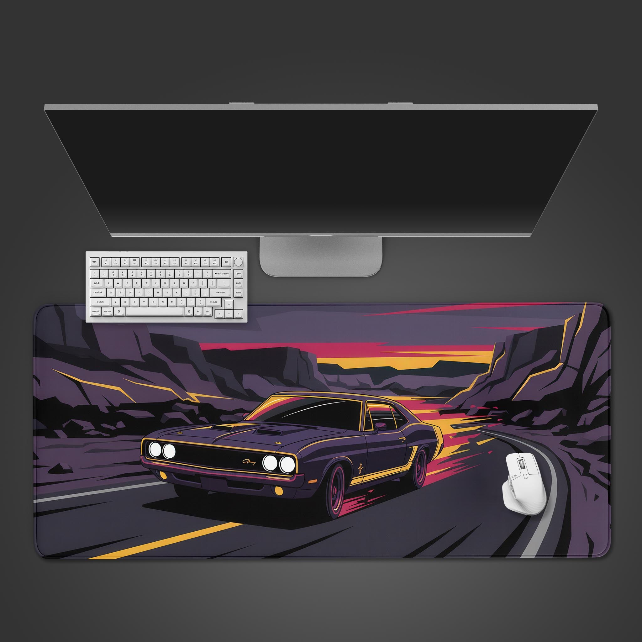 Midnight Rider desk mat with retro muscle car design – top-down desktop view with a black keyboard and gaming mouse. - Epic Design Pads