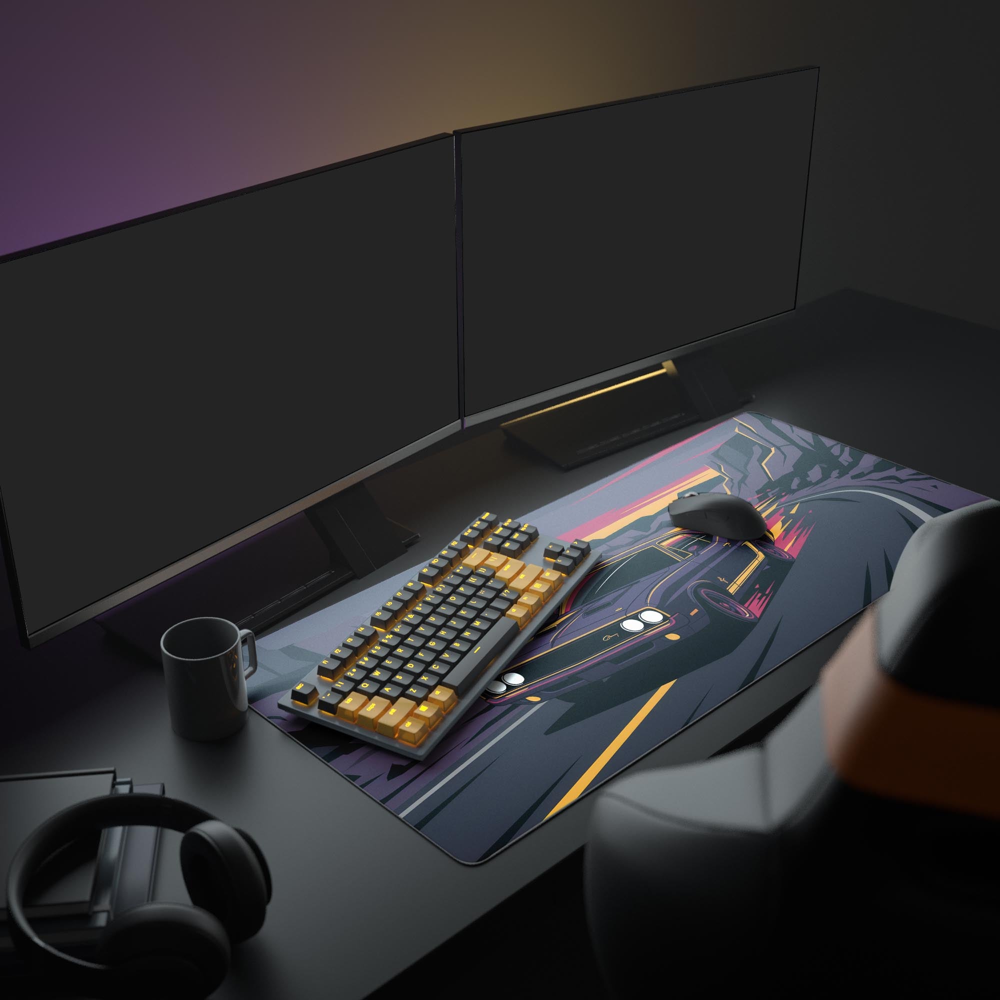 Large muscle car gaming desk mat in a complete workspace setup with dual monitors, speakers, and ambient lighting. - Epic Design Pads
