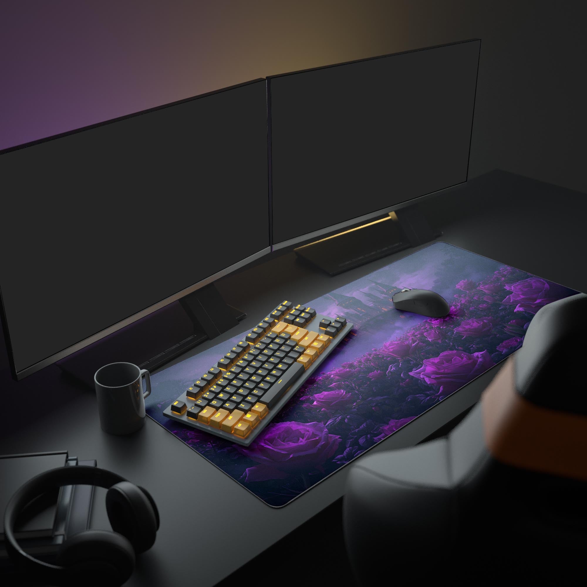 Large Midnight Roses gothic desk mat shown in a dark academia setup with dual monitors, headphones, and glowing keyboard. - Epic Design Pads & Mousepads
