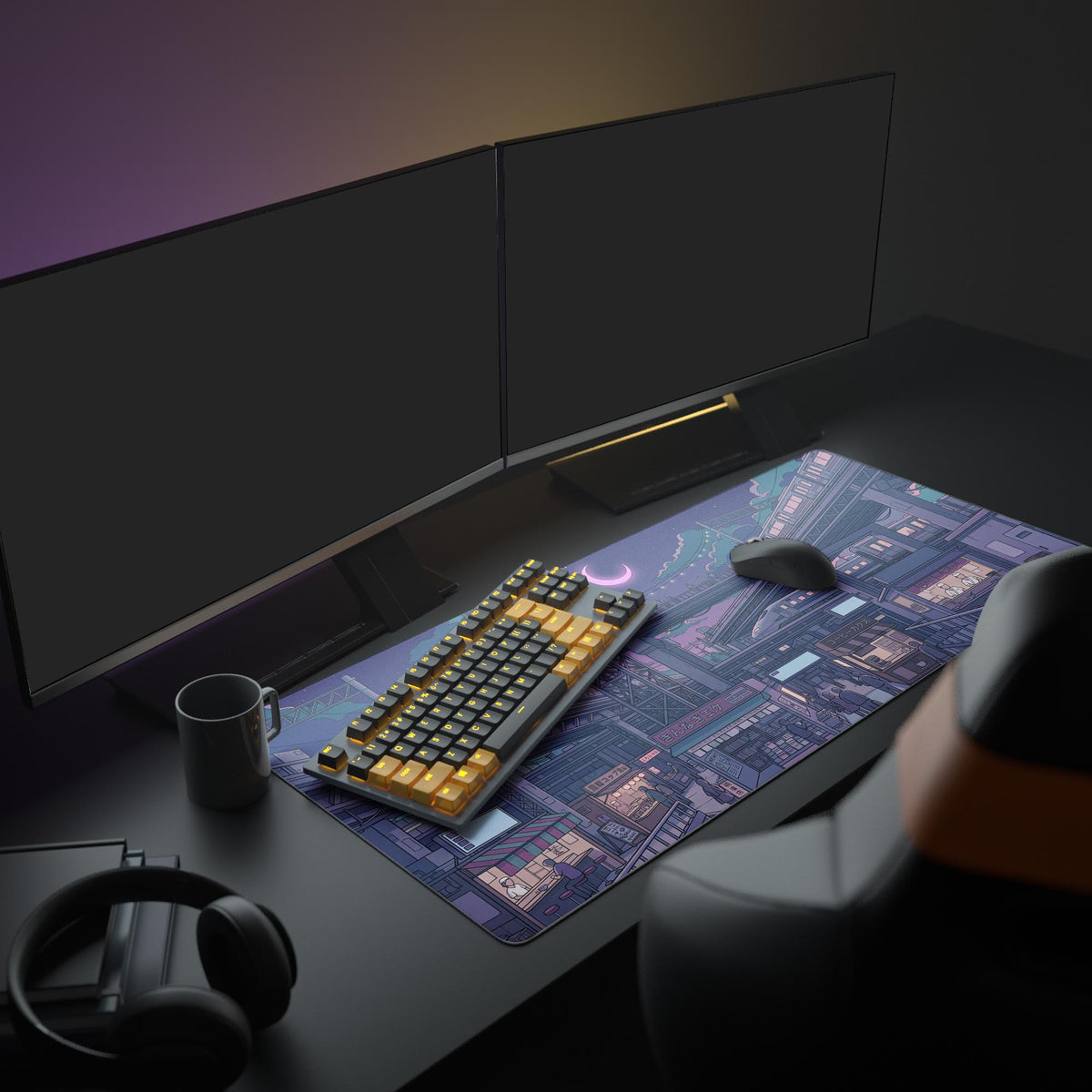A full PC setup showcasing the Midnight Station mouse pad, which depicts a purple Japanese city at night under a large computer monitor. - Epic Design Pads & Mousepads