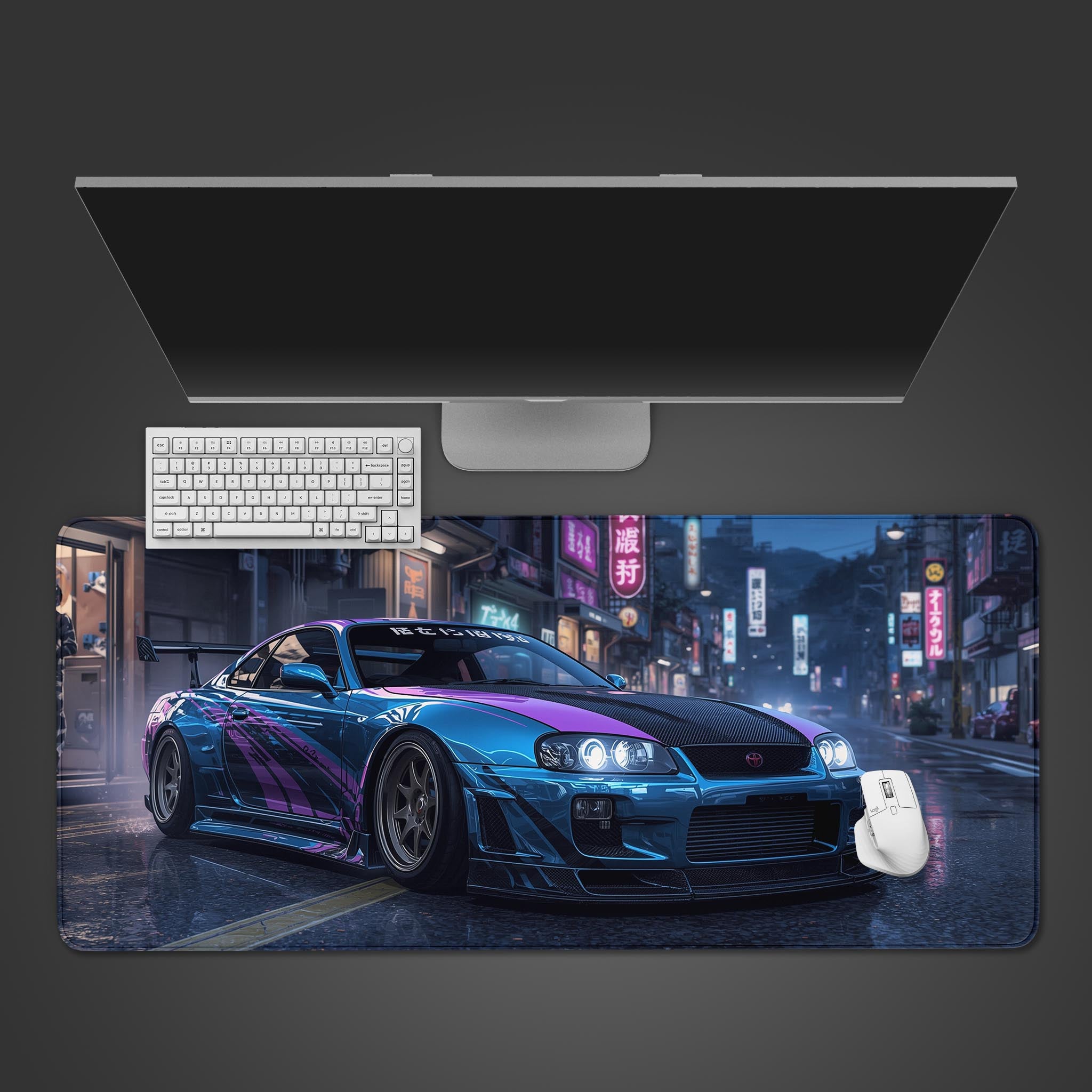Midnight Streets JDM desk mat with neon racing car design – desktop view with gaming keyboard and mouse. - Epic Design Pads