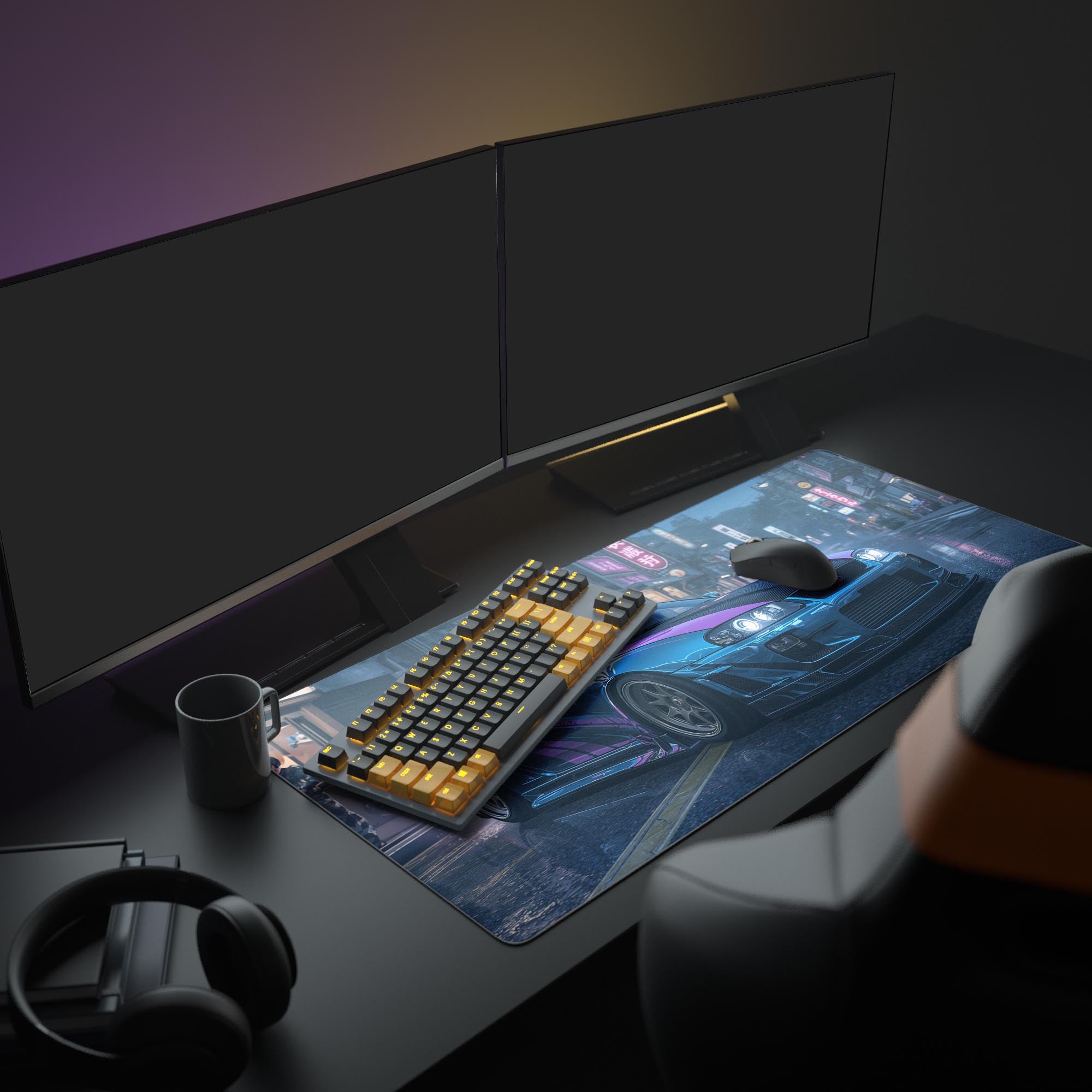 Large Midnight Streets street racing desk mat – shown in a cyberpunk gaming setup with dual monitors and headphones. - Epic Design Pads
