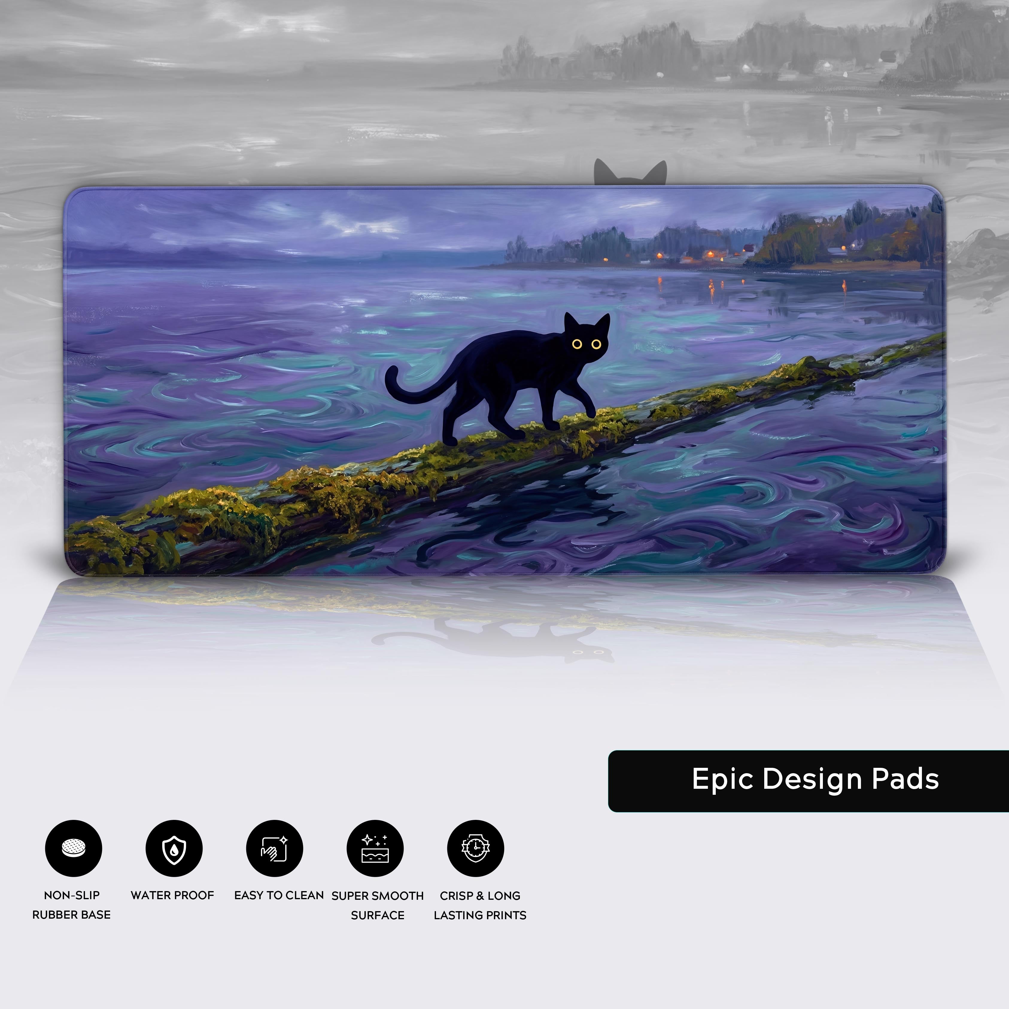 The black cat painted lake desk mat displayed flat, showcasing its large size and vibrant, moody color palette.