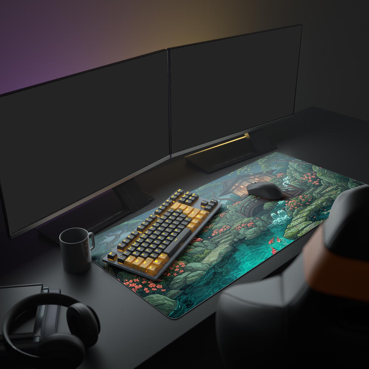 A complete gaming setup anchored by the Japanese garden gaming desk mat, enhancing the aesthetic with glowing monitors and peripherals. - Epic Design Pads & Mousepads