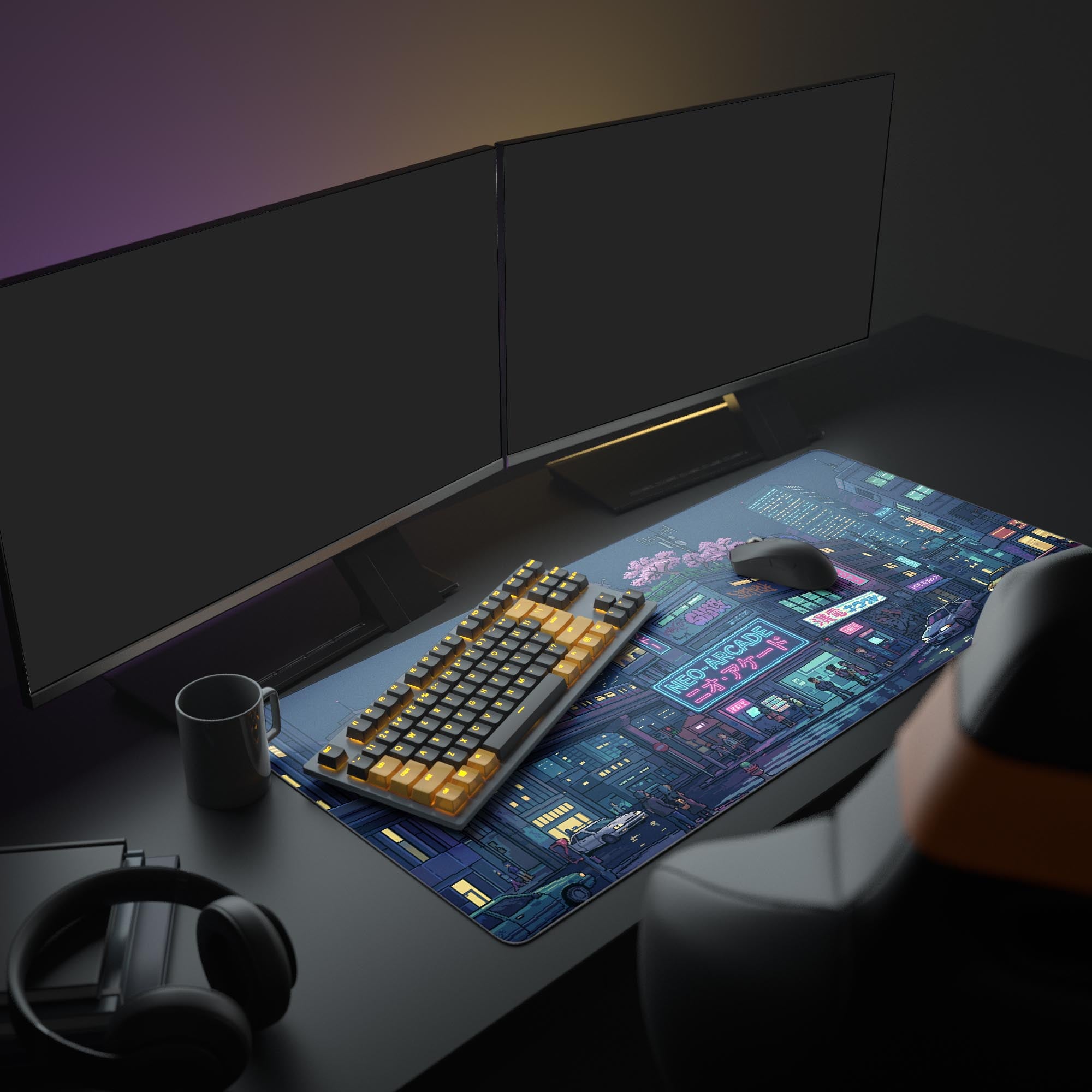 A complete gaming PC setup featuring the Midnight Transit cyberpunk pixel art mouse pad under two monitors, an RGB keyboard, and a mouse. - Epic Design Pads & Mousepads