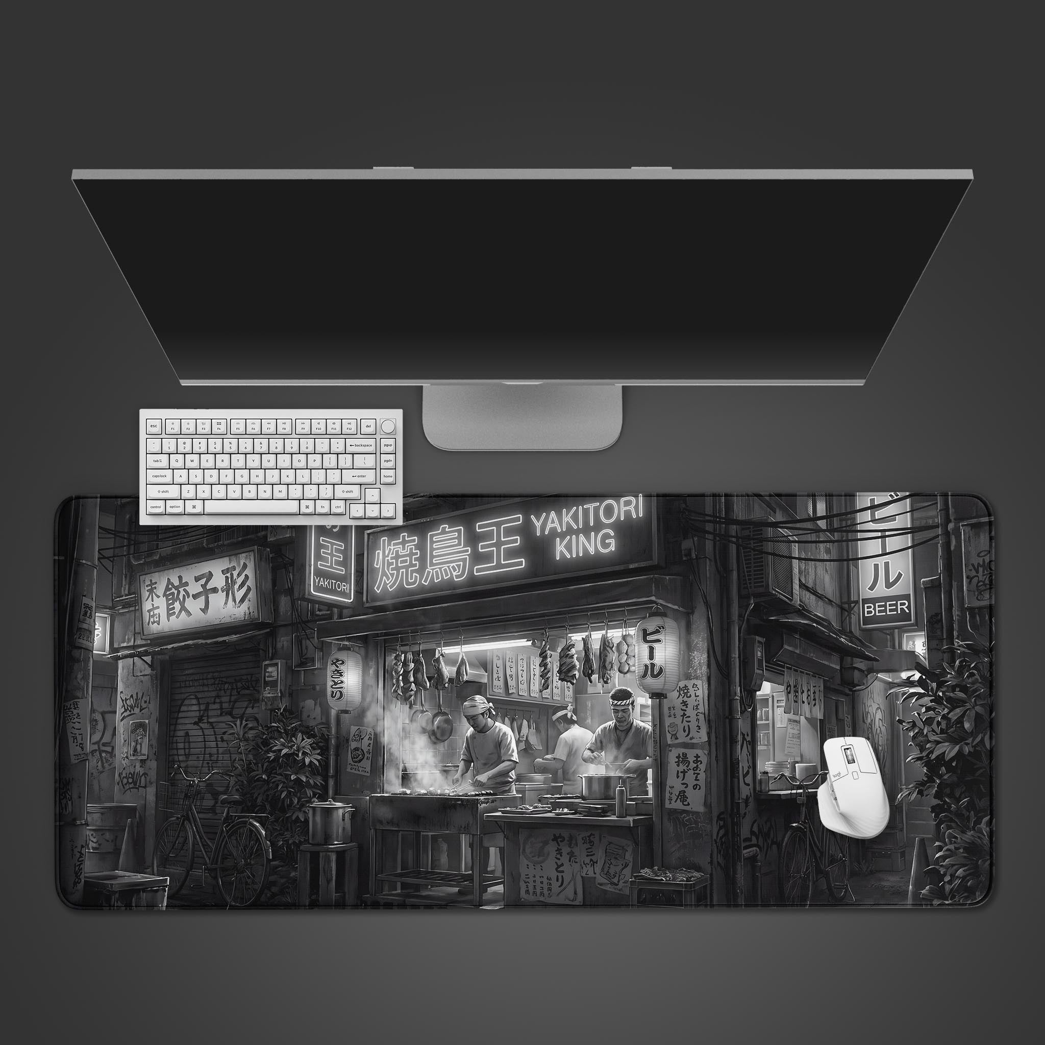Large desk mat featuring a monochrome illustration of a bustling Japanese yakitori street food stall at night.