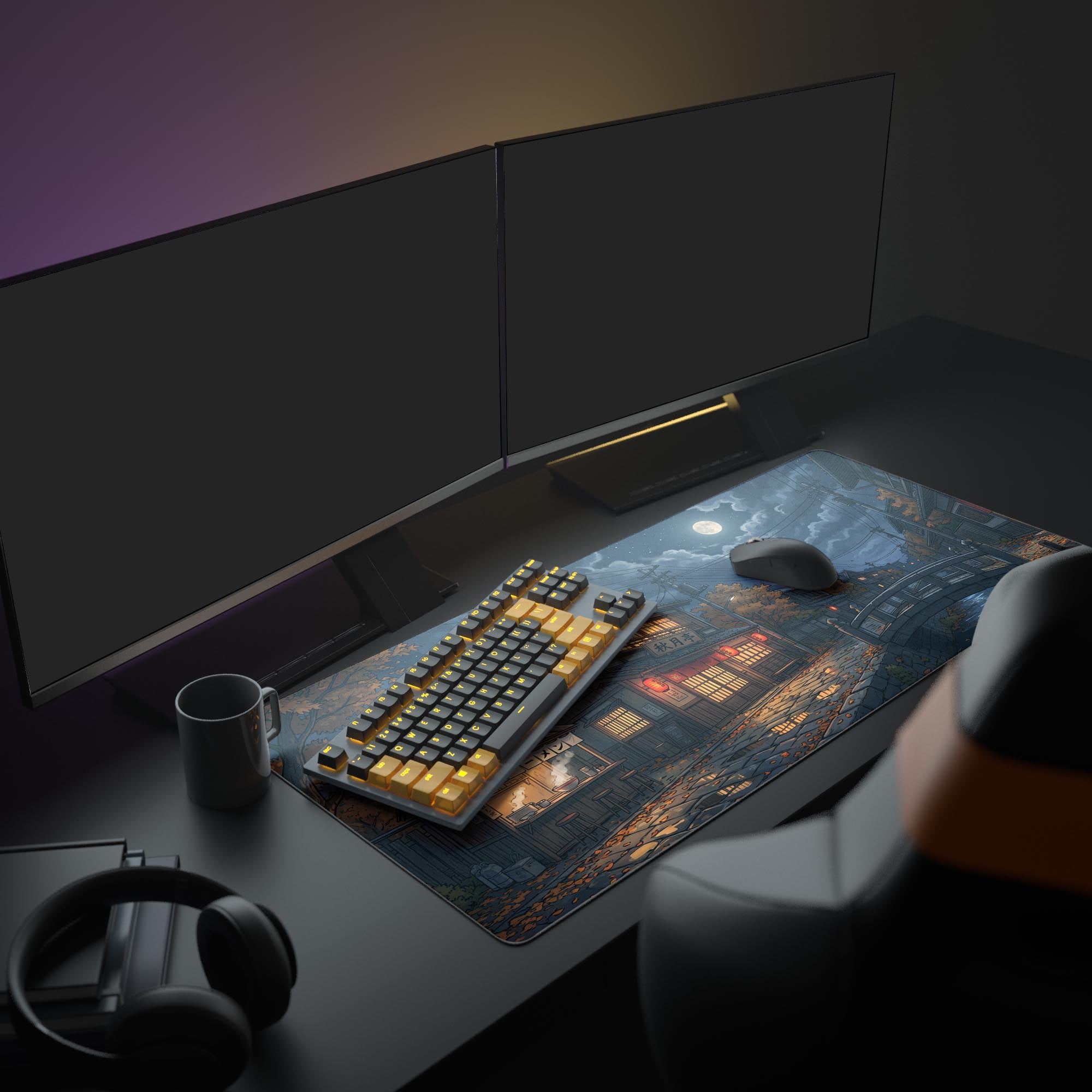The Midnight Yatai gaming desk mat enhances a PC setup, its serene Japanese street illustration creating a calming atmosphere under a monitor. - Epic Design Pads & Mousepads