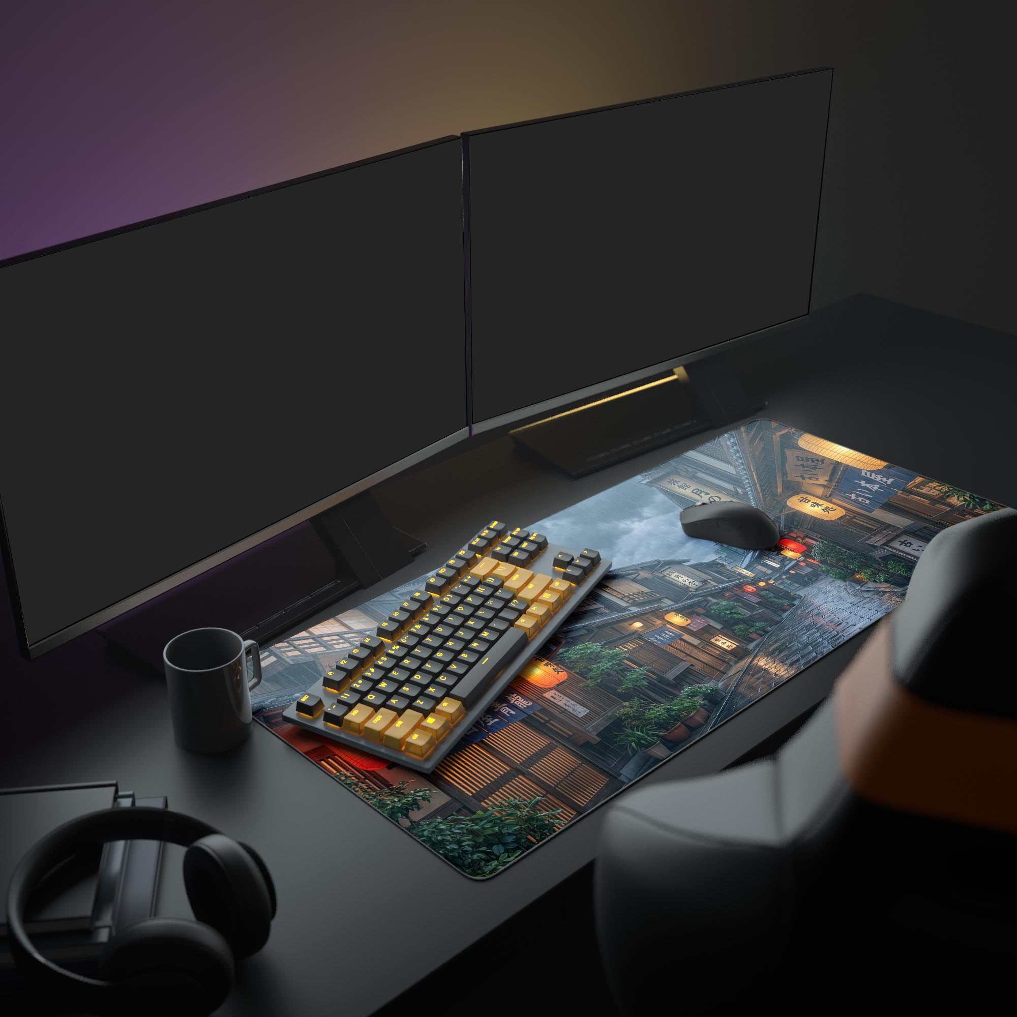 Large Japanese desk mat featuring 'Midnight Yokocho' art in a cozy lofi gaming setup. Shows the aesthetic mouse pad with dual monitors and headphones. - Epic Design Pads & Mousepads