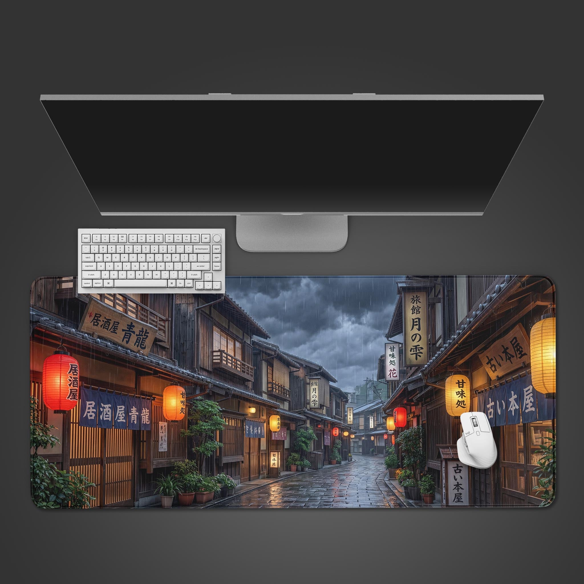 Japanese desk mat with 'Midnight Yokocho' rainy alley design. Top-down desktop view with a black keyboard and mouse on the large mouse pad. - Epic Design Pads & Mousepads