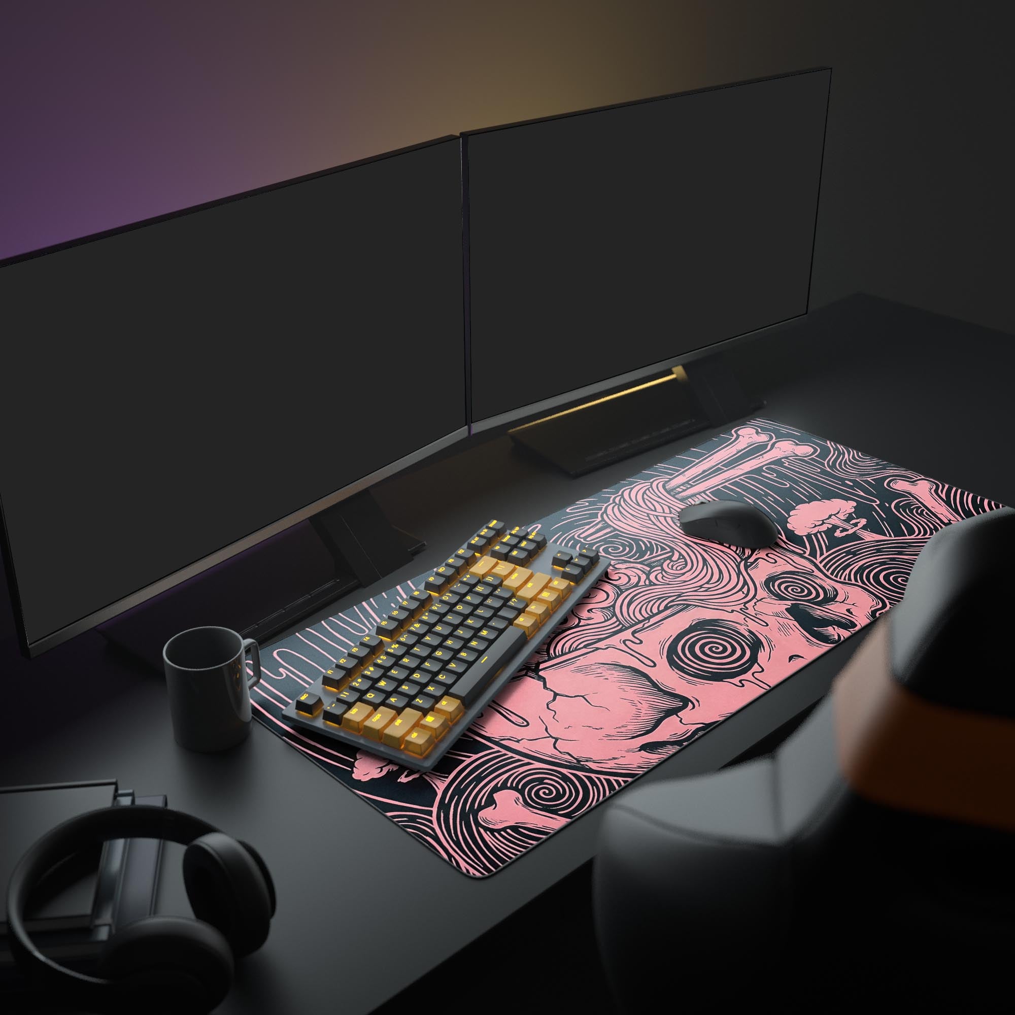 A full gaming setup showcasing the Mind Melt XL mouse pad, its surreal pink-on-black skull art creating a bold aesthetic under a monitor. - Epic Design Pads & Mousepads