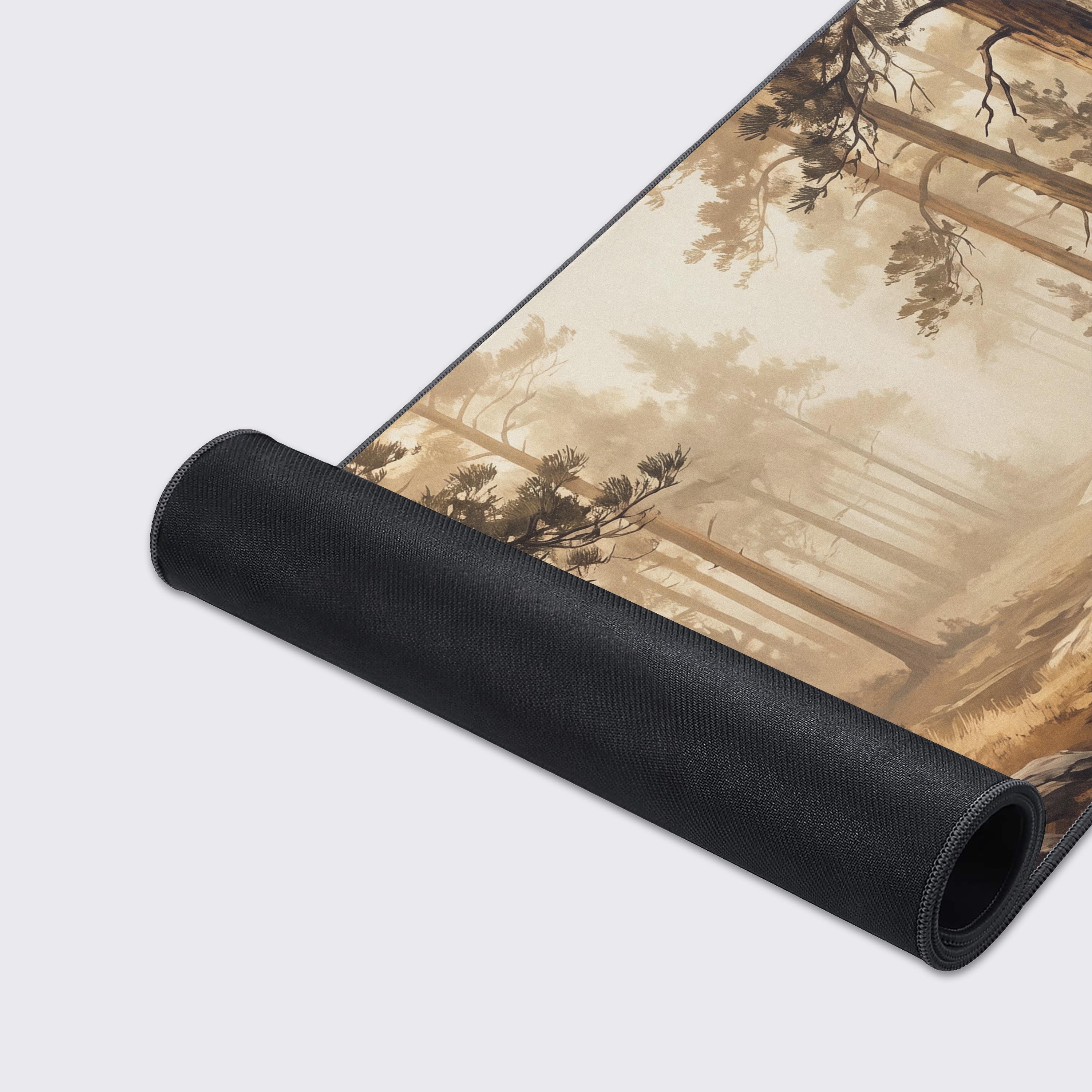 Product graphic showing the misty forest desk mat hovering above a reflective surface with feature icons.