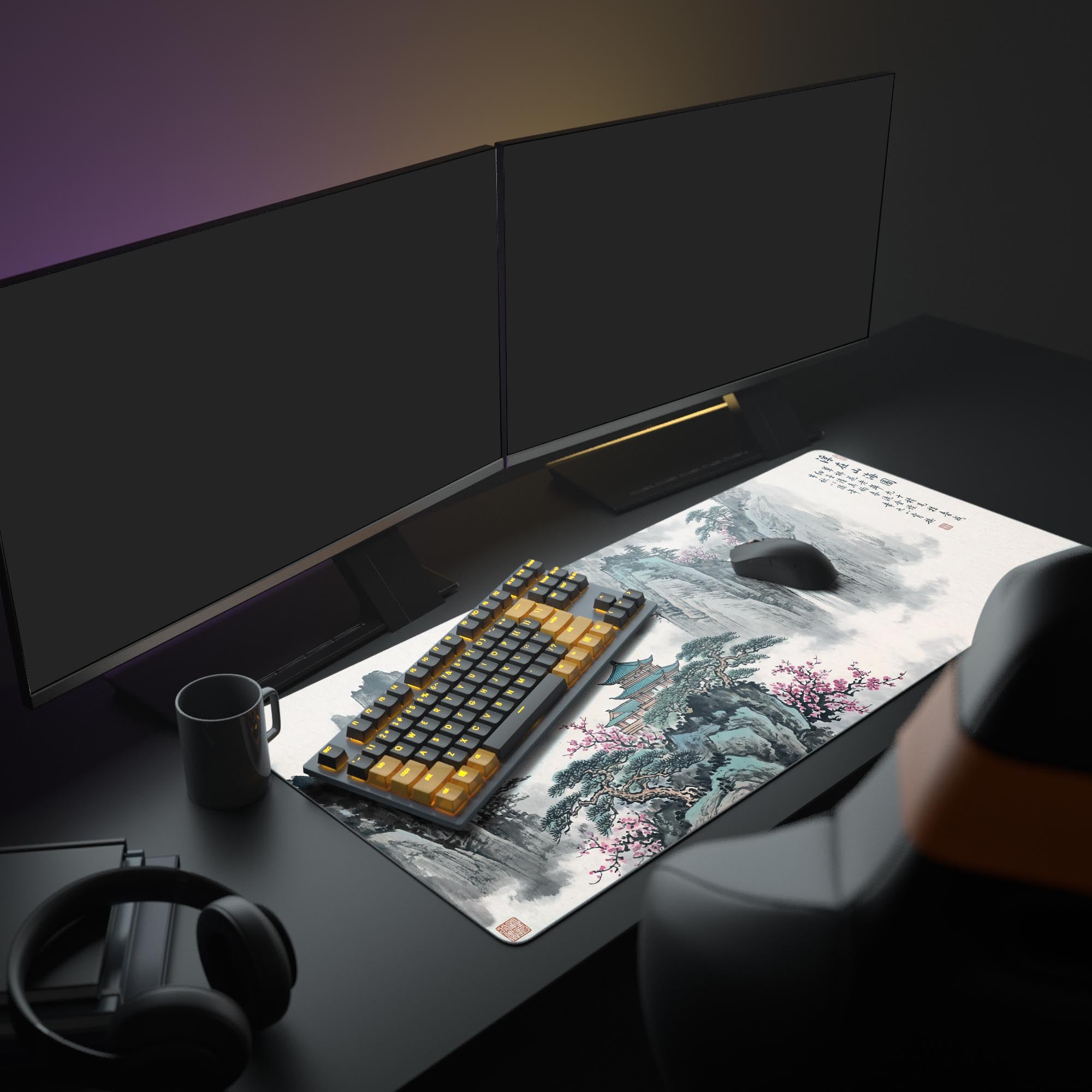 A full PC setup with the Misty Pavilion gaming desk mat as the centerpiece, showcasing its Shan Shui art design beneath a glowing keyboard and multiple monitors. - Epic Design Pads & Mousepads