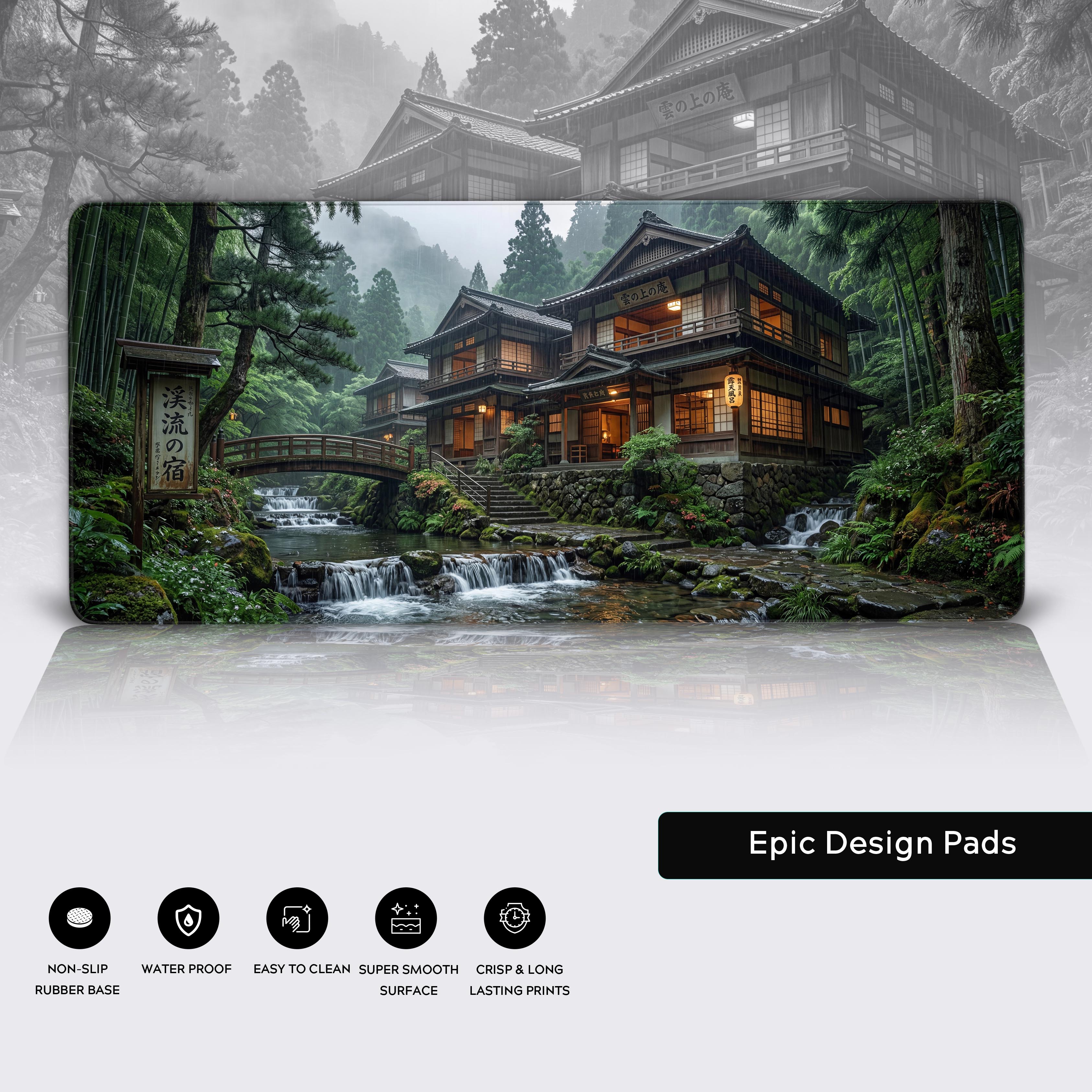 Product features of the Japanese inn desk mat highlighting its non-slip rubber base, waterproof surface, and easy to clean properties.