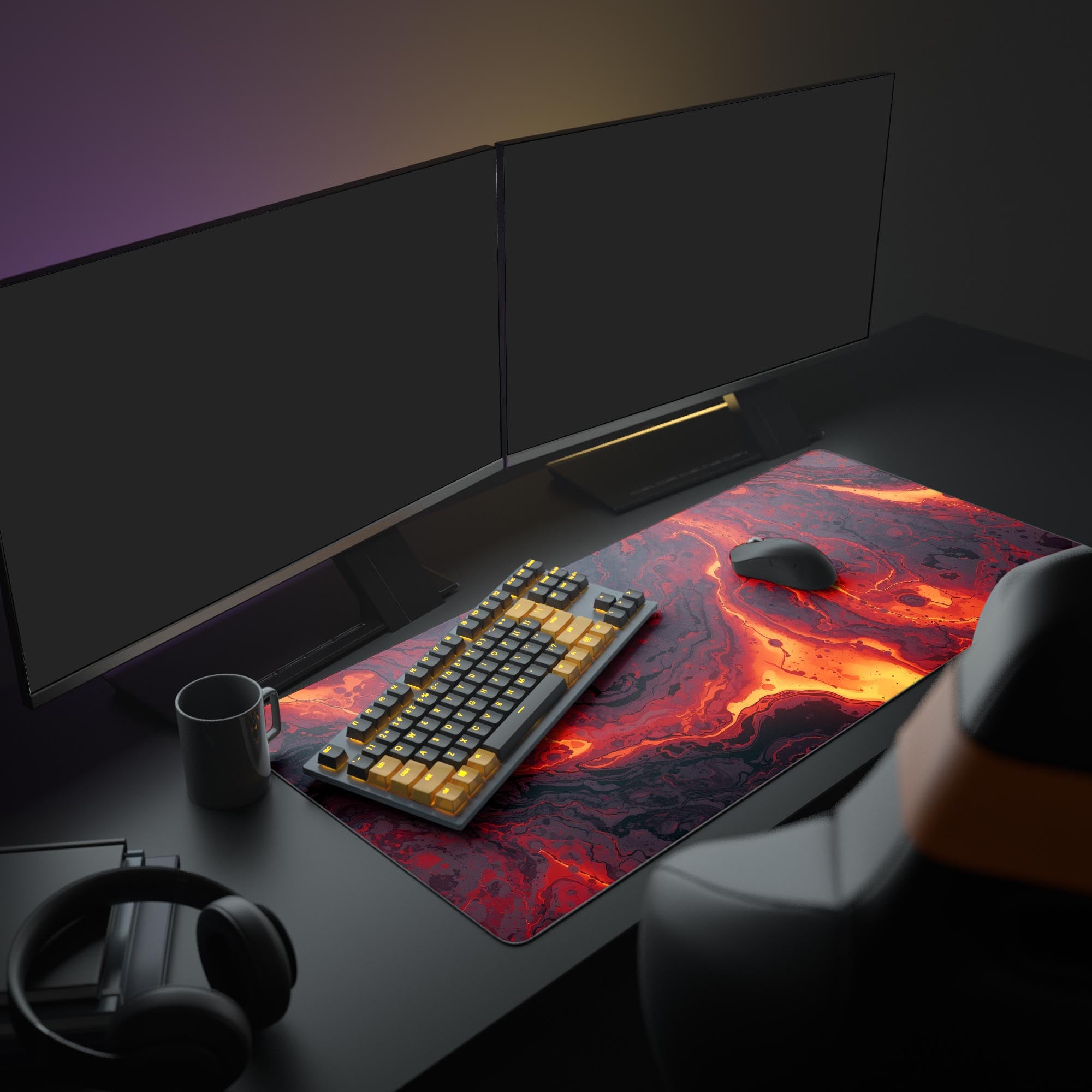 Large Molten Heart gaming desk mat with lava design, featured in a complete gaming setup with dual monitors and RGB lighting. - Epic Design Pads & Mousepads