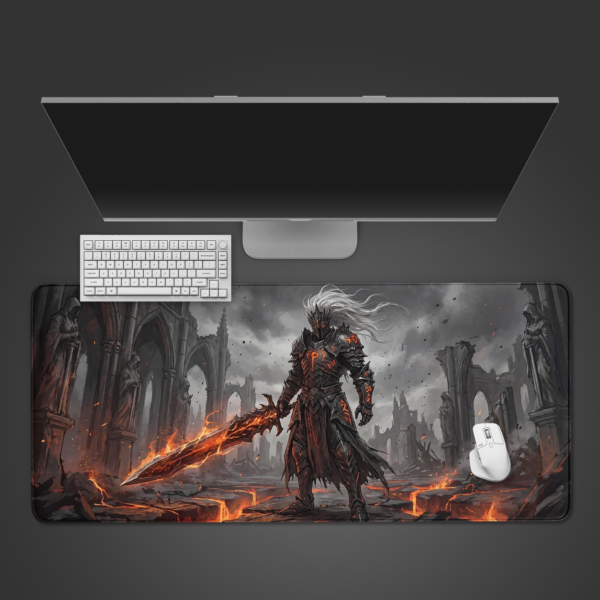 A dark fantasy knight with a glowing magma sword standing in gothic ruins on an extra-large gaming desk mat.