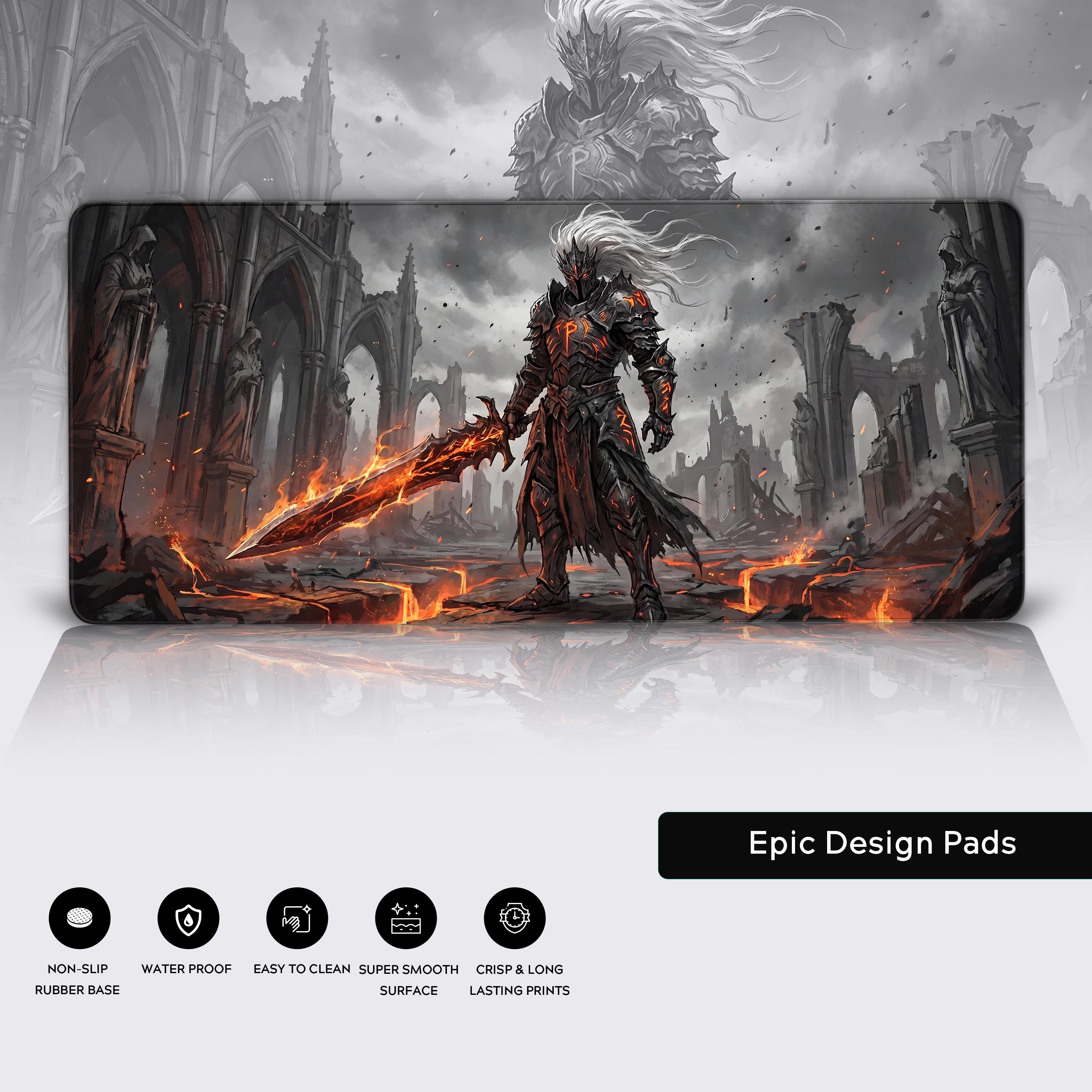 Epic grimdark fantasy art desk pad featuring a towering warrior and ruined cathedral background.