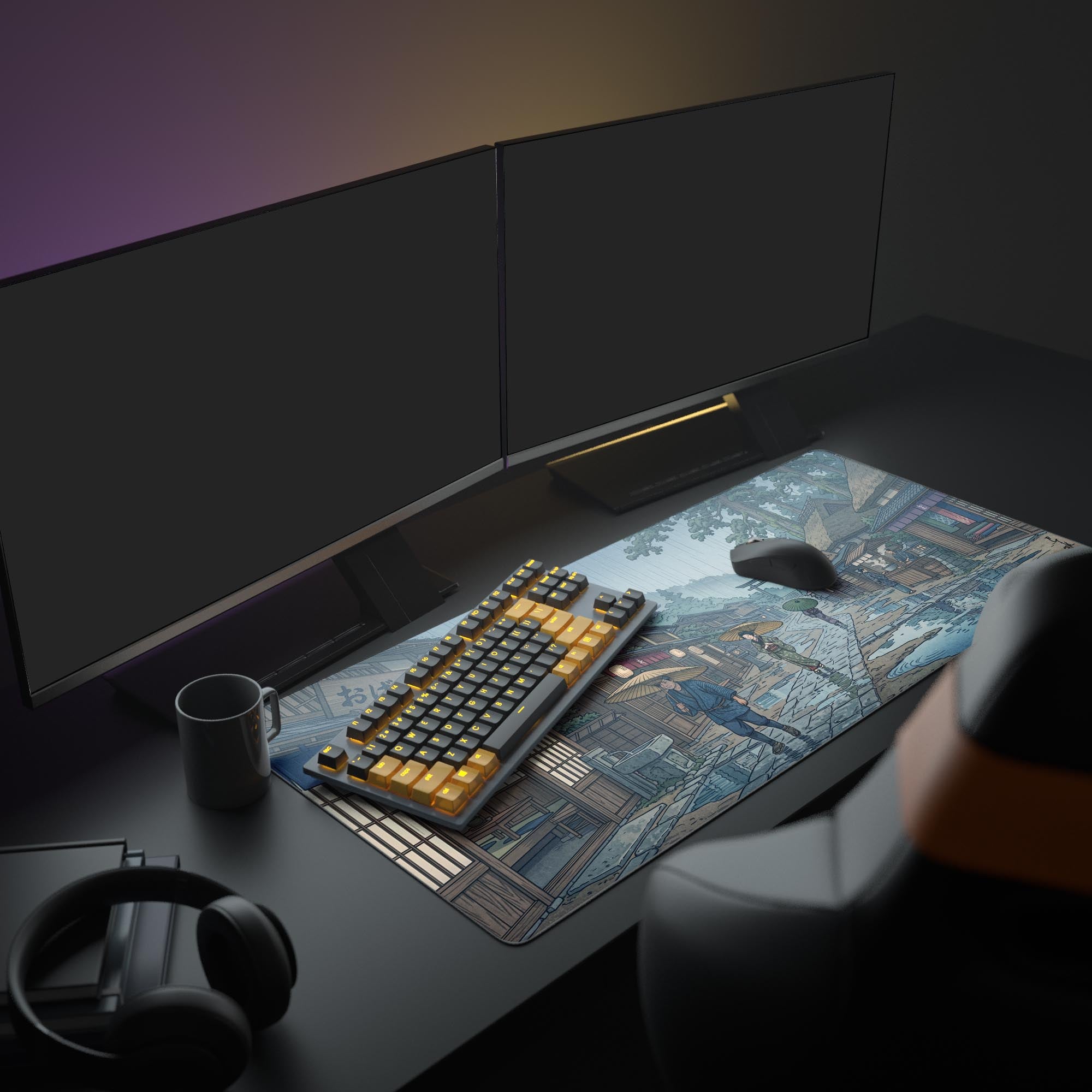 A full PC gaming setup featuring the Monsoon Kyoto Ukiyo-e mouse pad, which complements the monitors and minimalist desk aesthetic. - Epic Design Pads & Mousepads