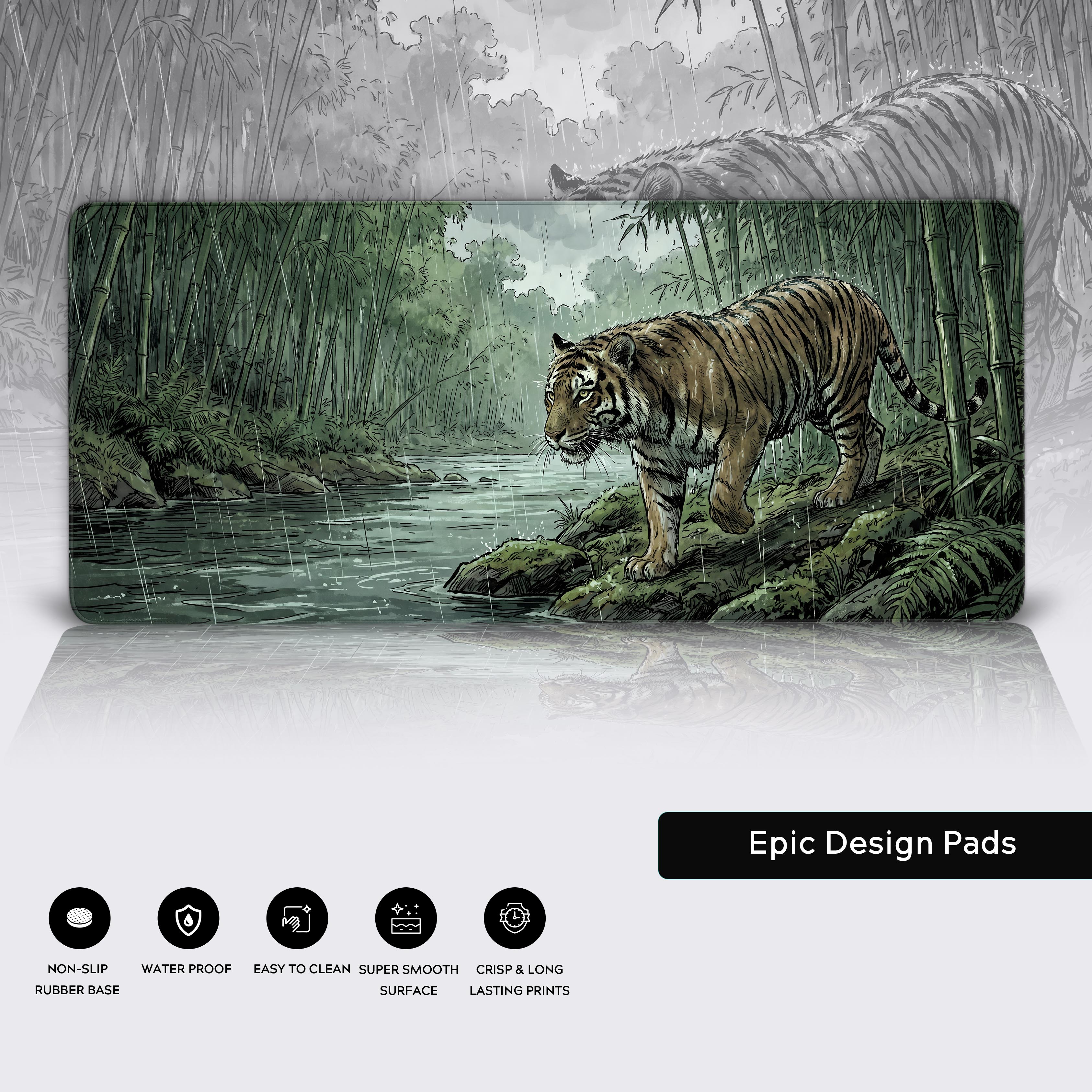 Icons highlighting the desk mat features including non-slip rubber base and easy to clean surface