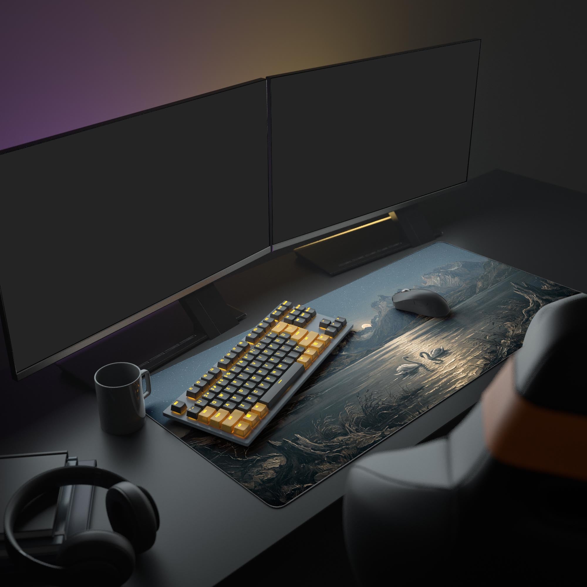 Close-up of the swans and moonlight reflection on the water-proof desk mat surface
