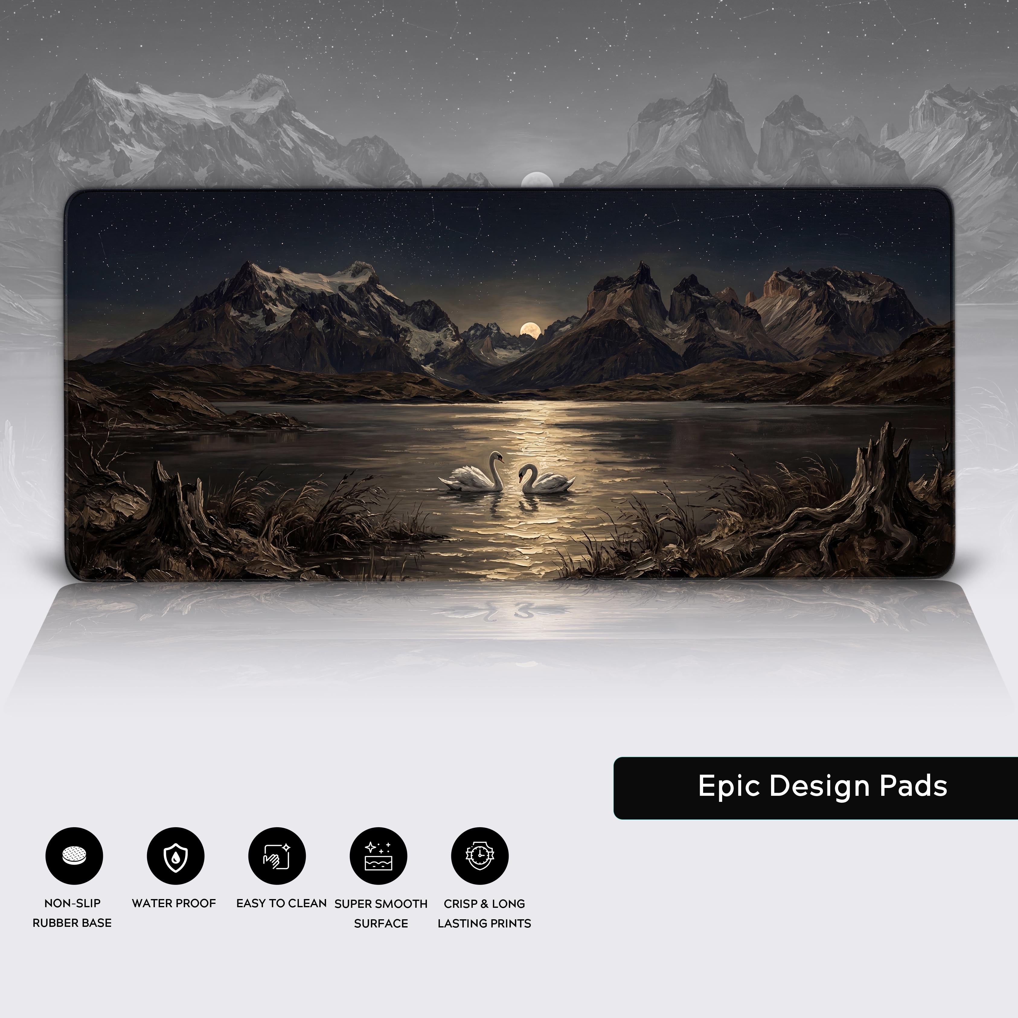 Product features graphic showing non-slip, water-proof, easy to clean, and crisp prints icons