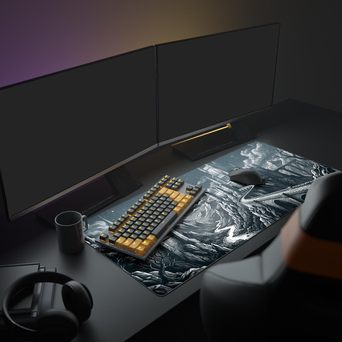 A full PC setup showcasing the Moonlit Bastion desk mat, creating a dark fantasy aesthetic with a large monitor, keyboard, and mouse. - Epic Design Pads & Mousepads