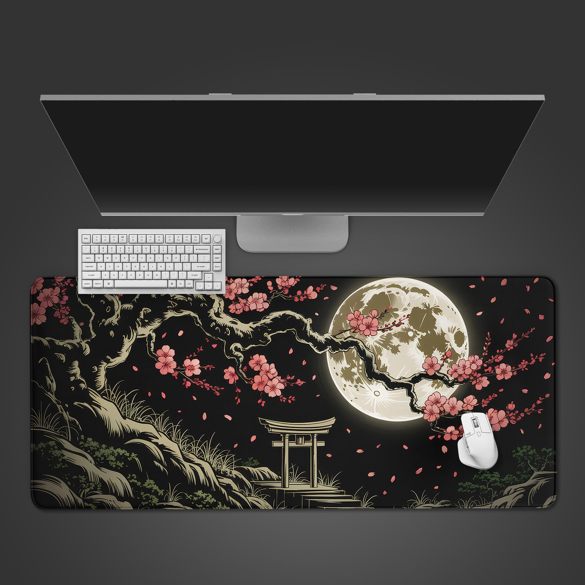 Cherry blossom desk mat with moonlit night scene – top view with keyboard and mouse. - Epic Design Pads