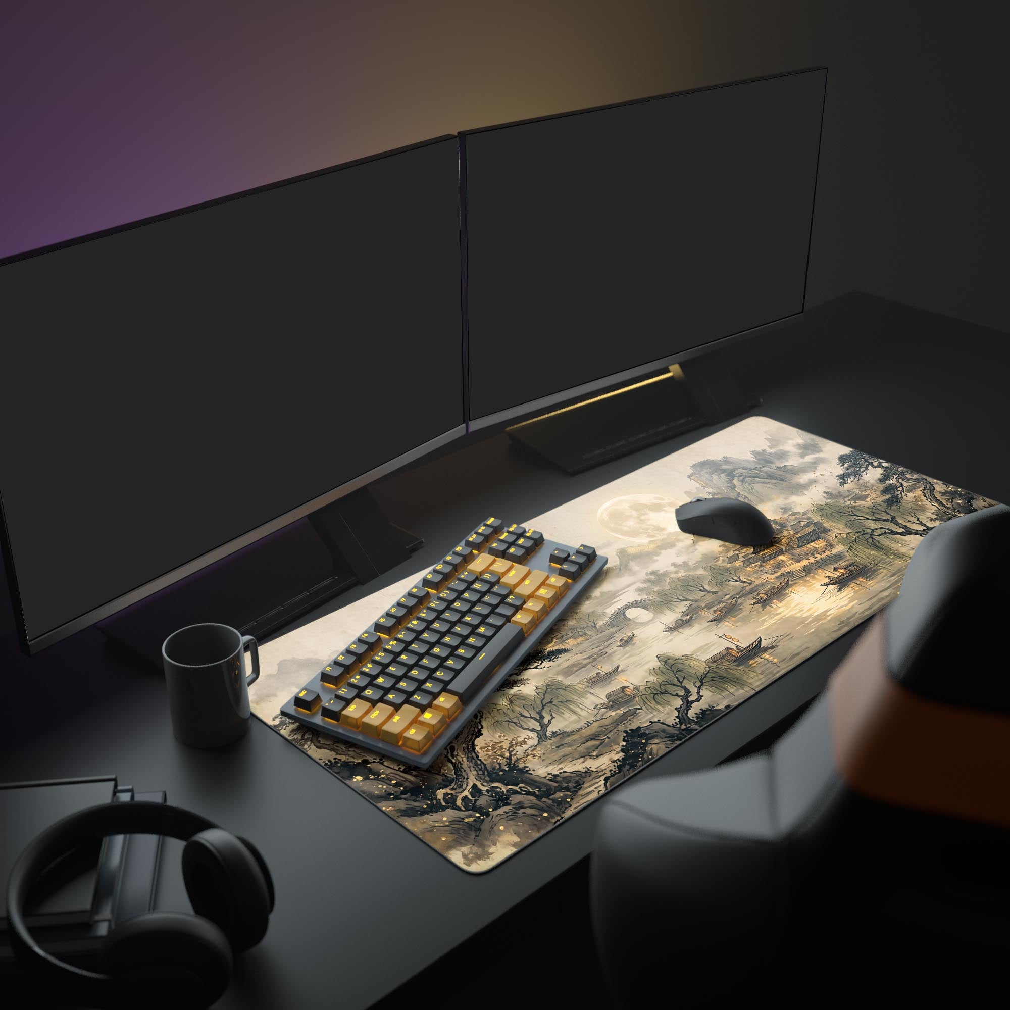 Close-up of the serene golden full moon and traditional boats on a calm river in the desk mat artwork.