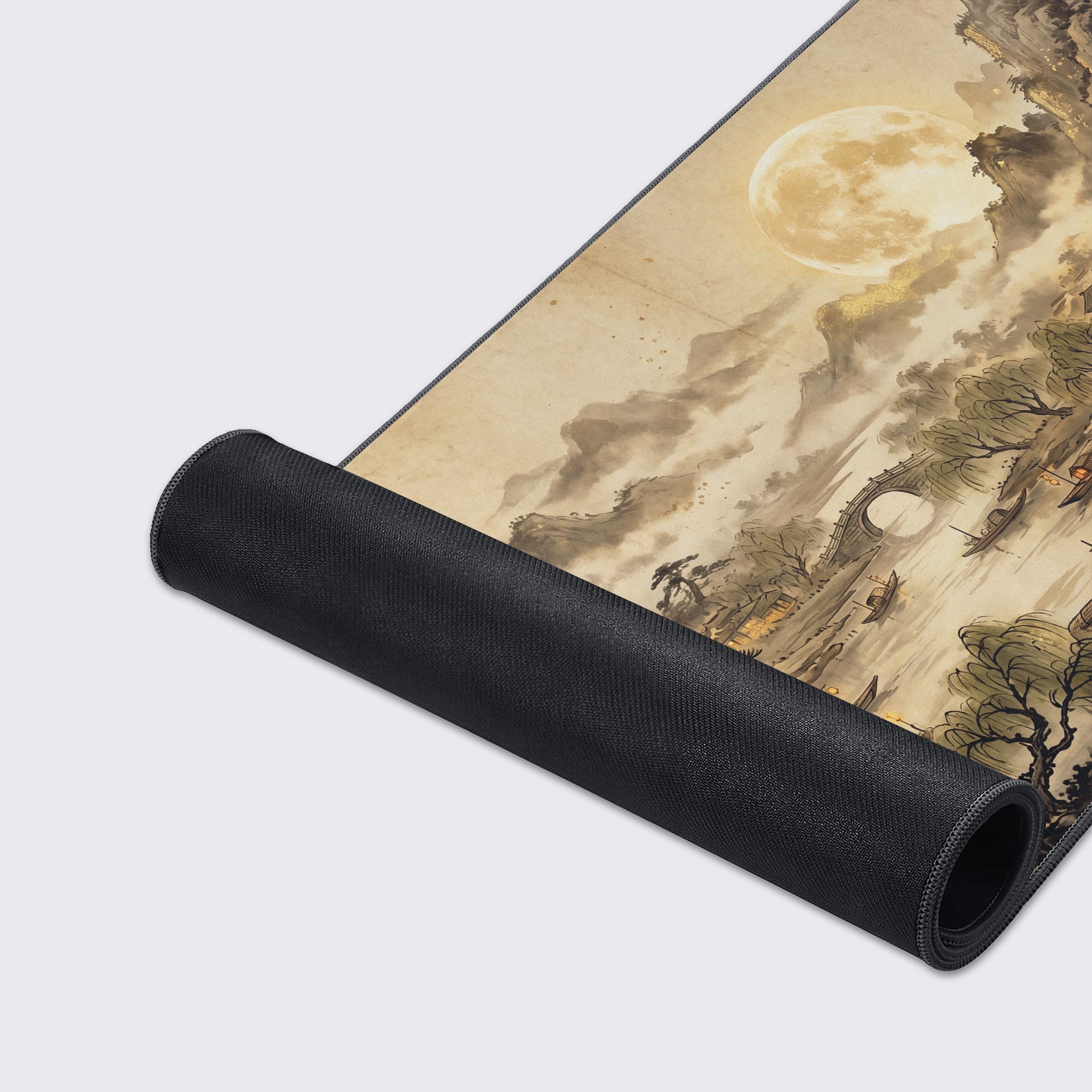Detailed view of the ink wash pine trees, stone bridge, and glowing village lanterns on the mouse pad.