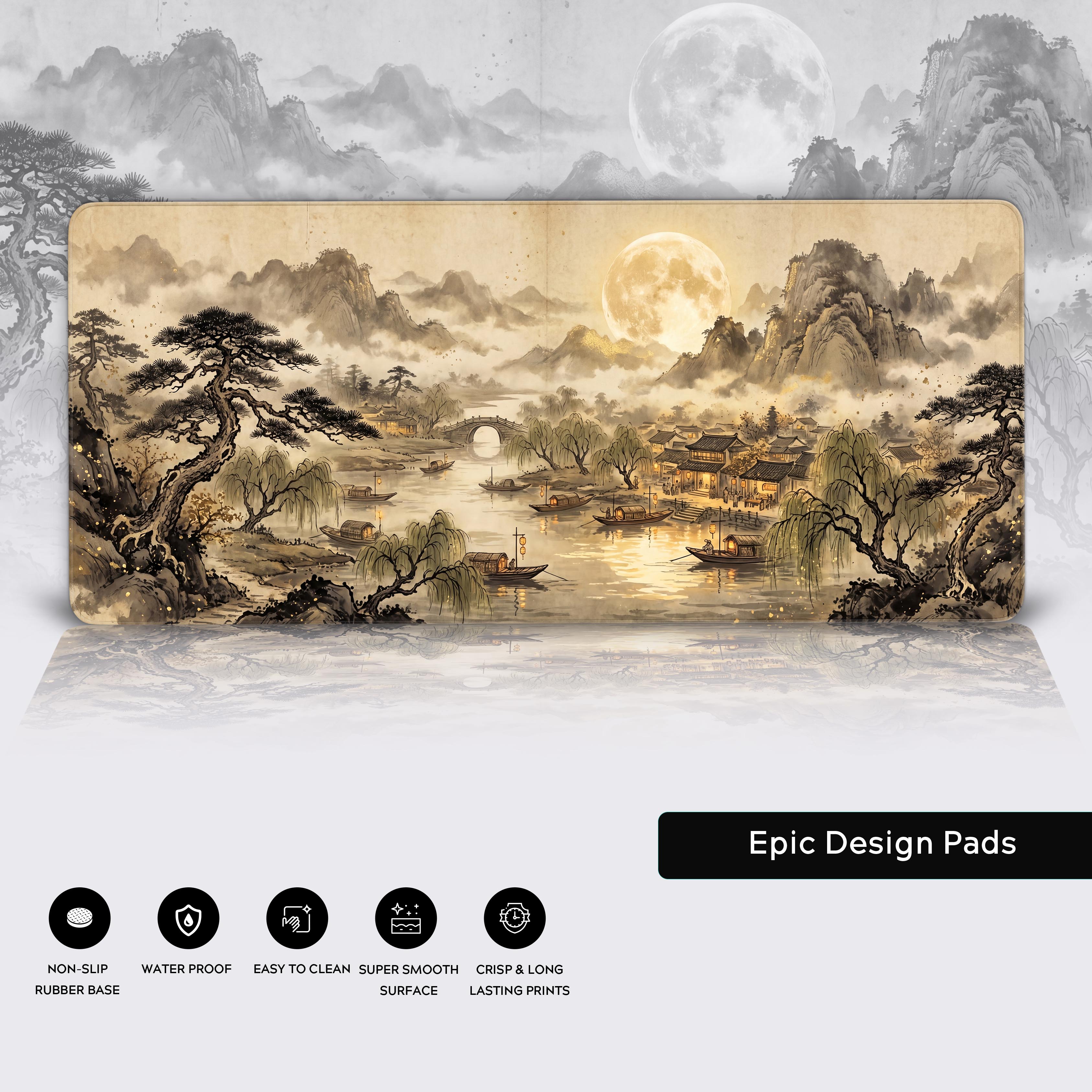 Features of the desk mat displayed including non-slip rubber base, waterproof surface, and easy to clean material.