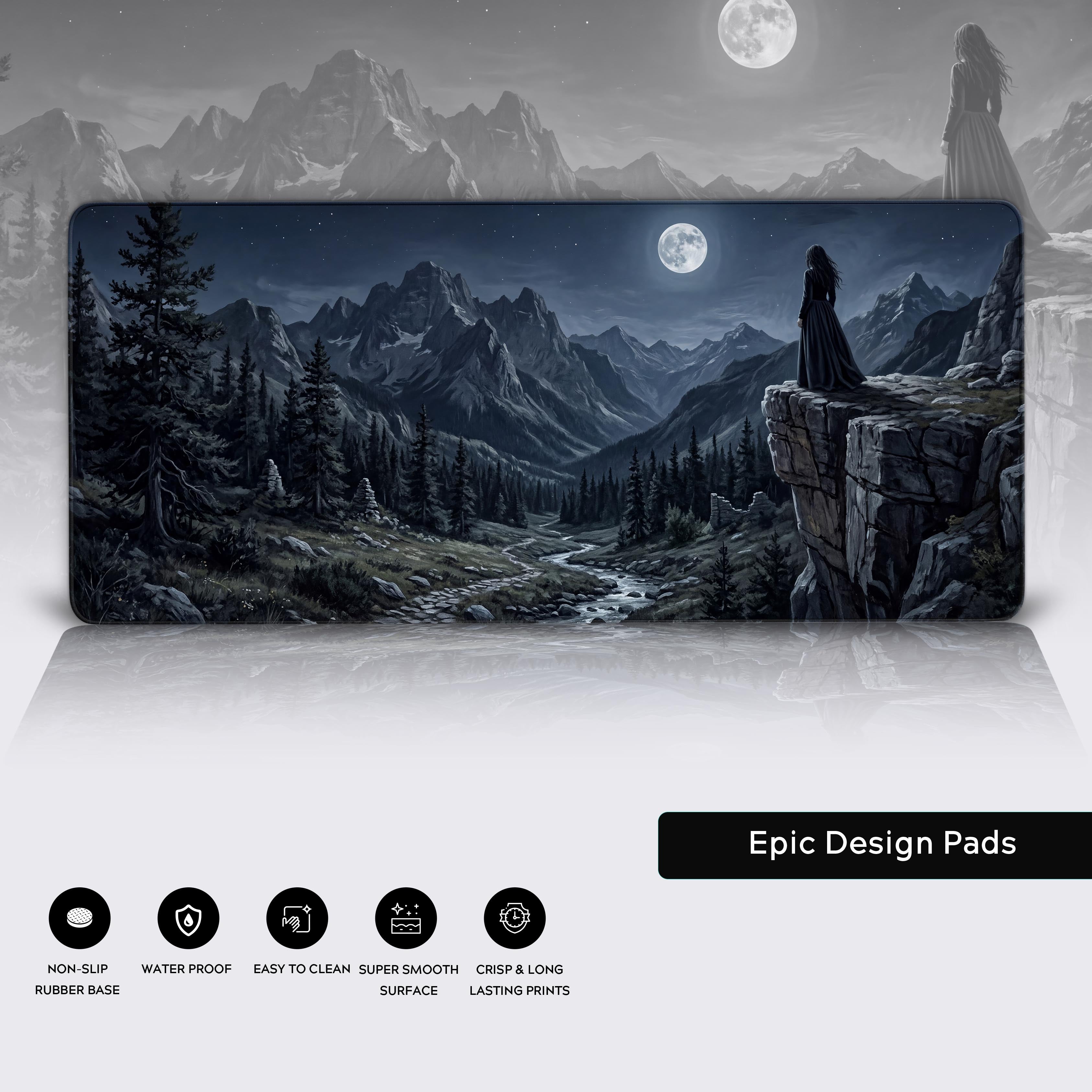 Epic moonlit mountain landscape artwork on a premium extended desk pad