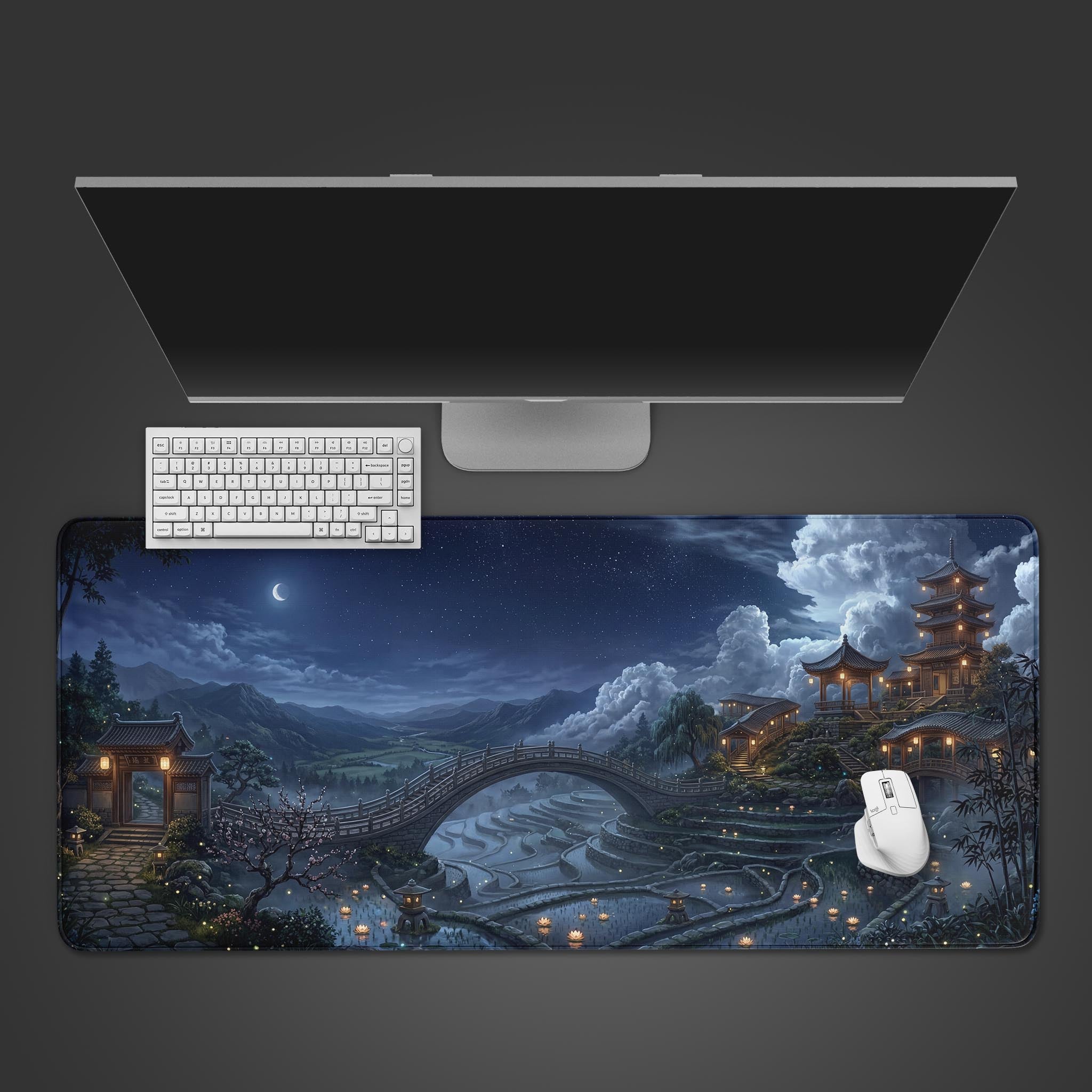 Top-down view of the Moonlit Terraces gaming desk mat, showing the serene pagoda landscape under a white keyboard and mouse on a dark background. - Epic Design Pads & Mousepads