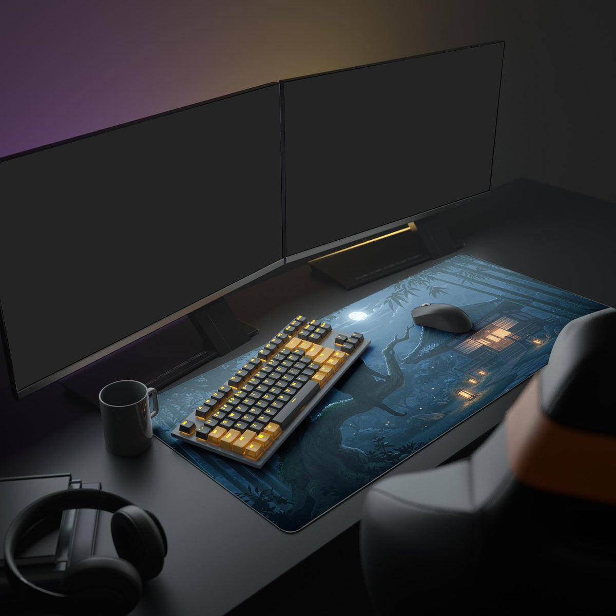 Large Moonlit Watcher anime gaming mouse pad in a lo-fi desk setup with dual monitors, mechanical keyboard, and headphones. - Epic Design Pads & Mousepads