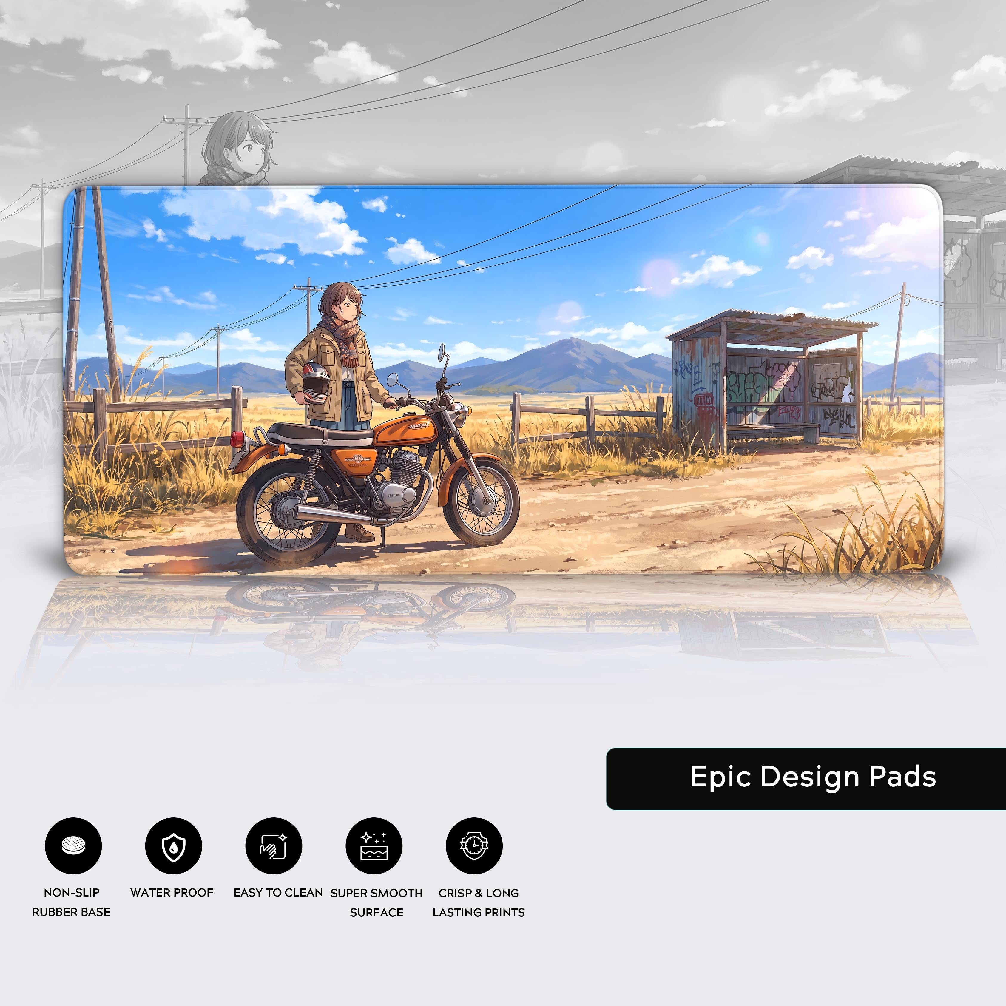 Full view of the scenic anime countryside mouse pad, showing the expansive dirt road, power lines, and serene rural landscape.