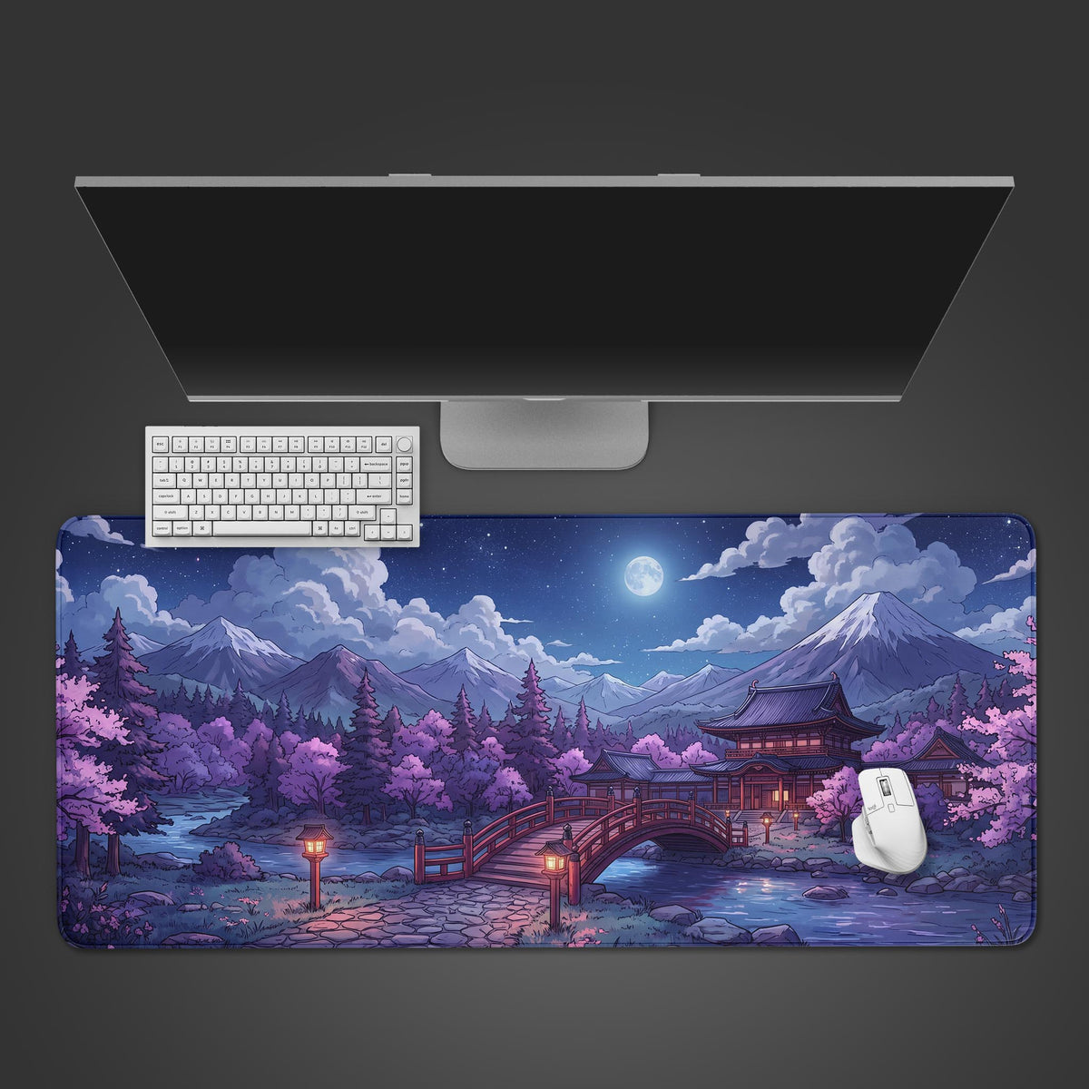 A large desk mat featuring a vibrant nighttime Japanese landscape with Mount Fuji, cherry blossoms, a traditional temple, and a glowing bridge over a river.